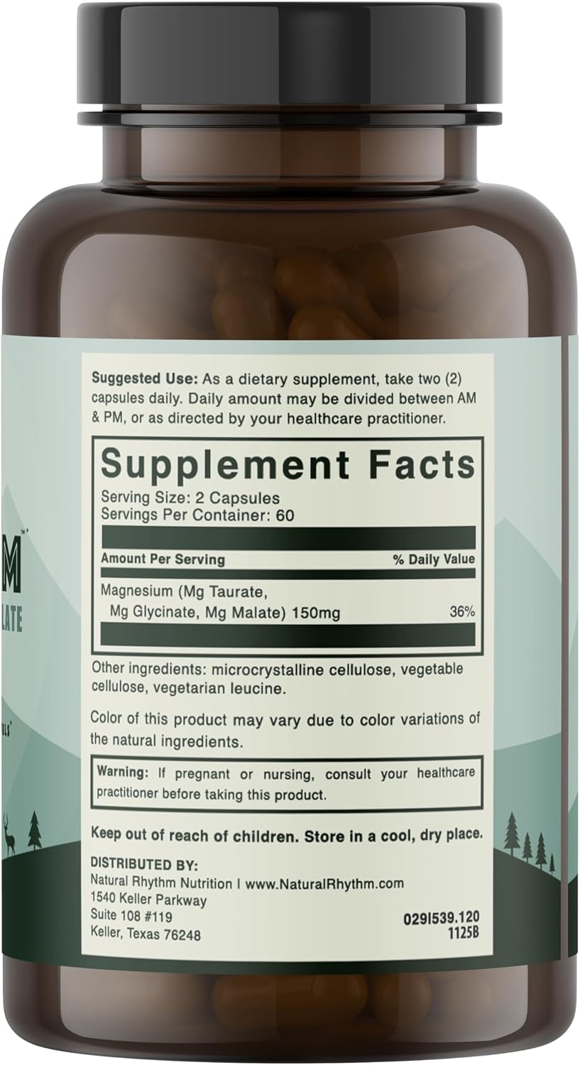 Natural Rhythm Triple Calm Magnesium Complex - 120 Capsules, Chelated Magnesium Glycinate, Taurate & Malate, High Absorption Supplement for Sleep, Stress, Muscle & Heart Support, Non-GMO, Vegan