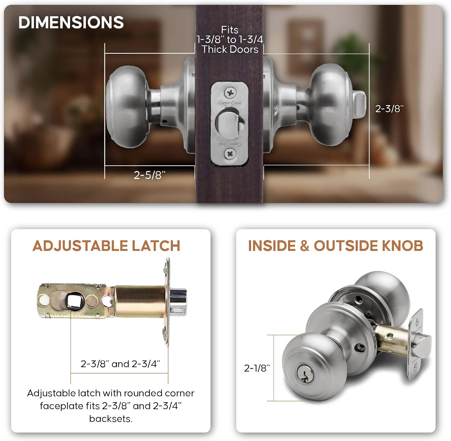 Copper Creek Colonial Privacy Interior Door Knob – ANSI Grade-3 Certified, Modern Heavy Duty Handle, Easy Install and Reversible for Bedroom, Bathroom and Closets – Satin Stainless (1 Pack)