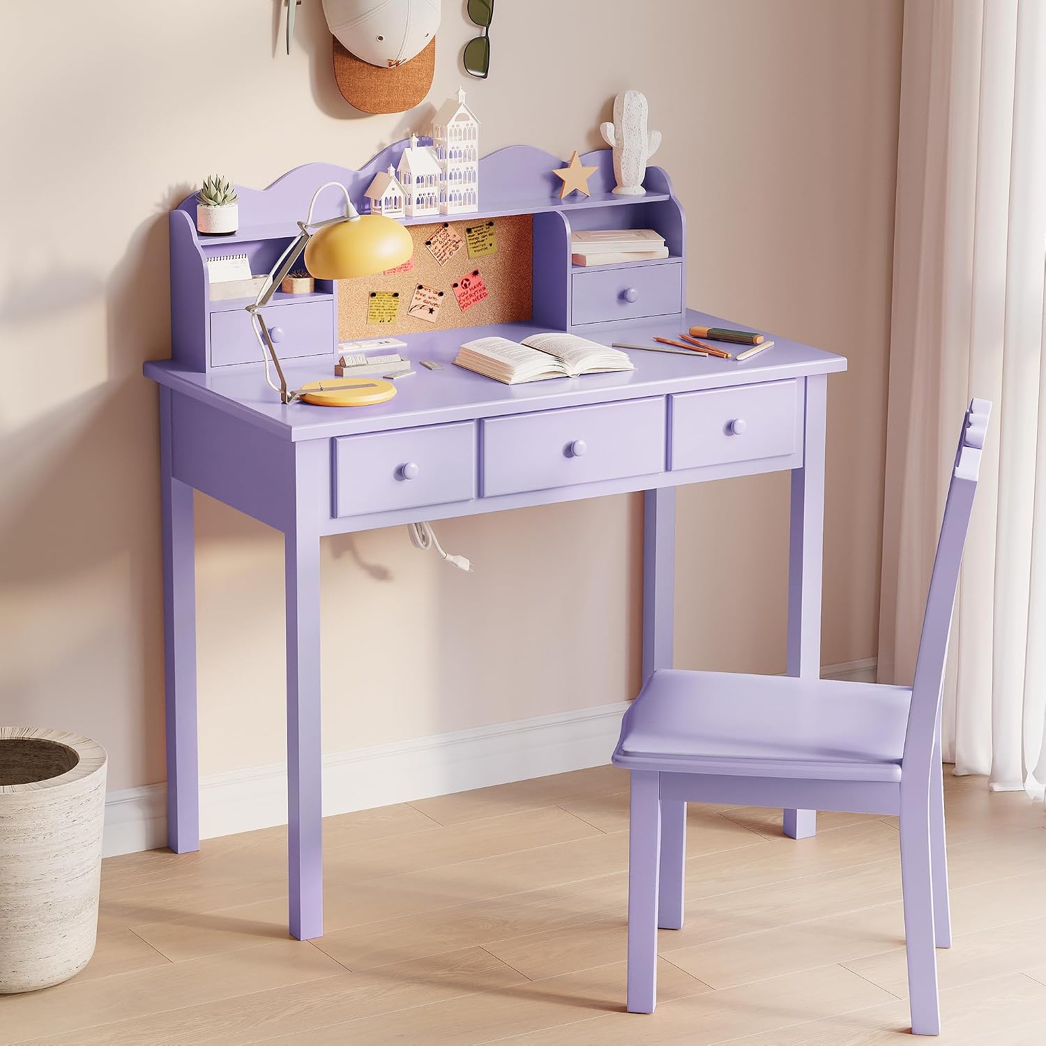 FUNKOCO Writing Desk with Hutch, 40" Small White Desk for Girls, 5 Drawers