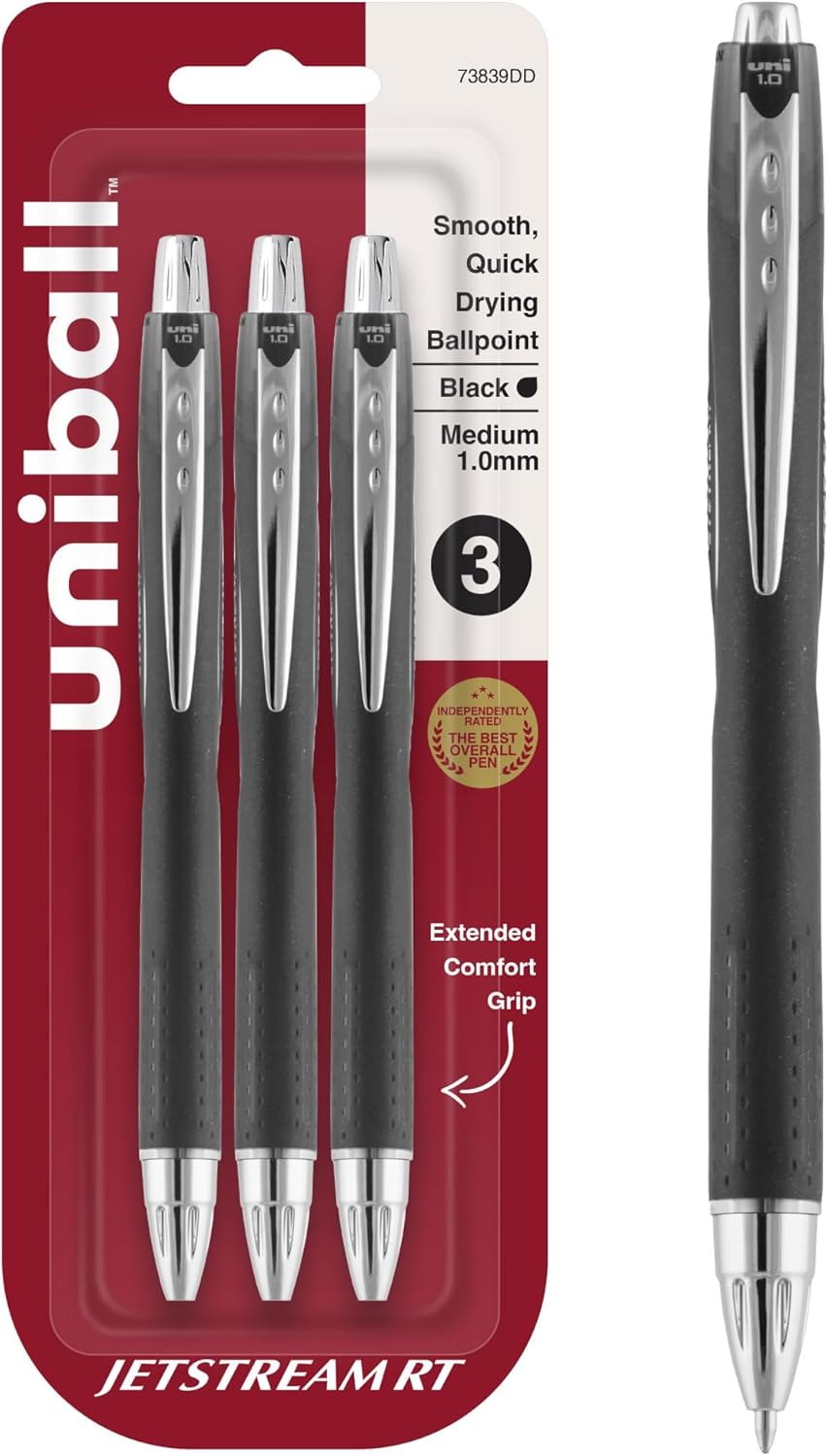 uni-ball Jetstream RT Ballpoint Pens, Bold Point (1.0mm), Black, 3 Count | Retractable, Smooth Writing, Quick-Drying, Smear-Resistant