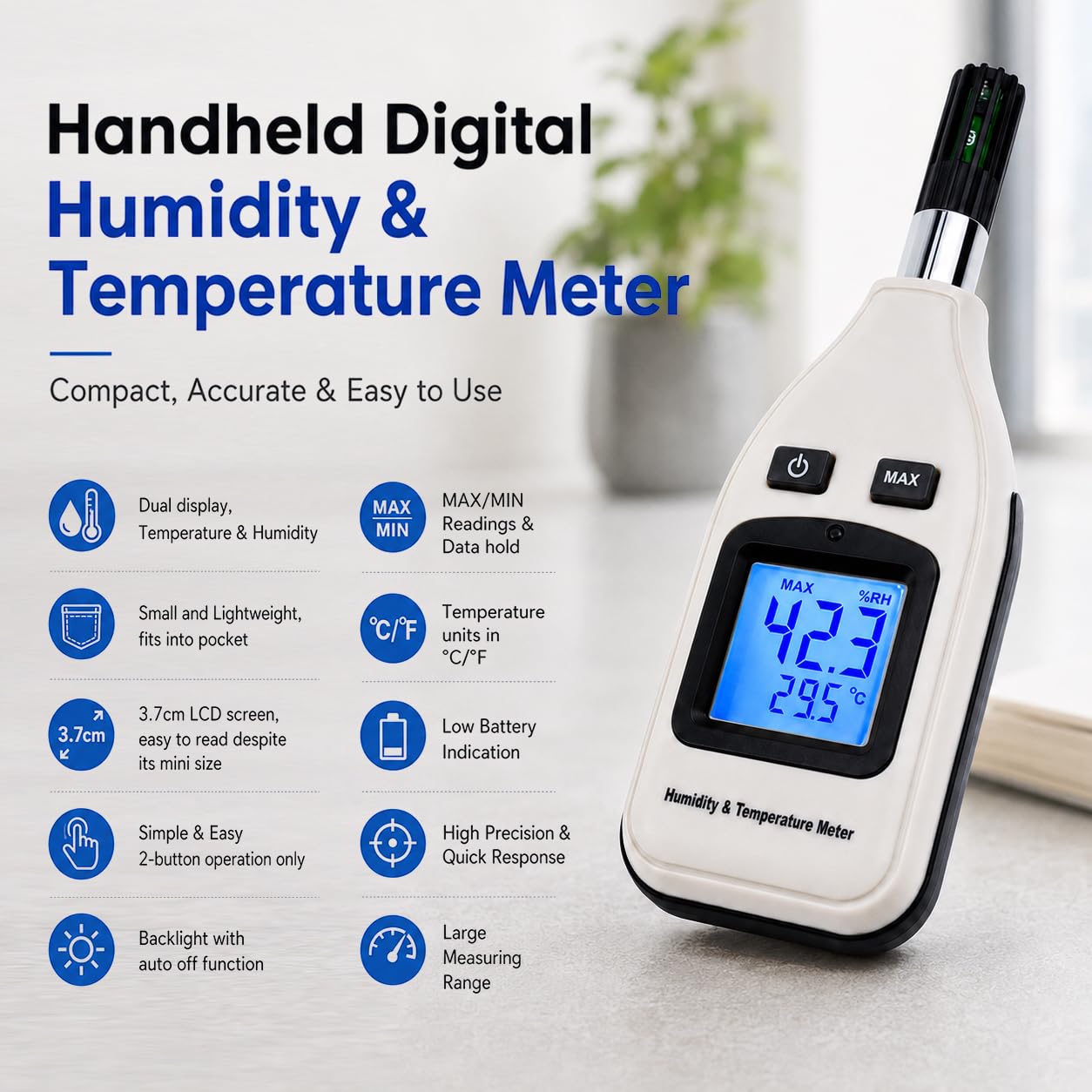 Handheld Digital Humidity & Temperature Meter 0~100% RH/ -30~70°C (-22~158°F) LCD Display Backlight Moisture Thermo Hygrometer Thermometer Small