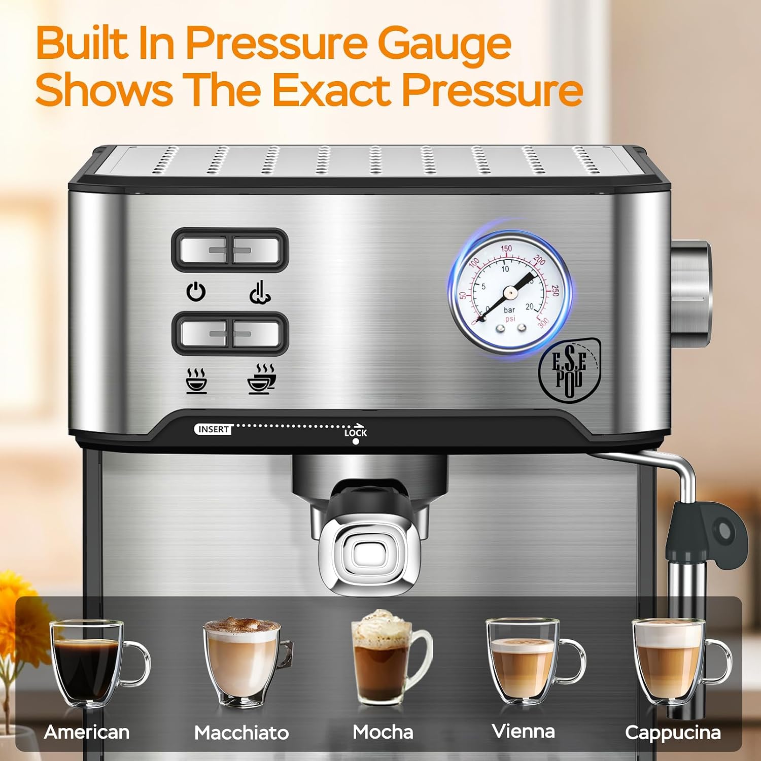 Plum chef Espresso Machine 20 Bar, Household Coffee Maker with Milk Frother Steam Wand, Pressure Gauge, 54oz Large Water Tank, Low Noise Fast Brew for Cappuccino Latte Macchiato Home Office