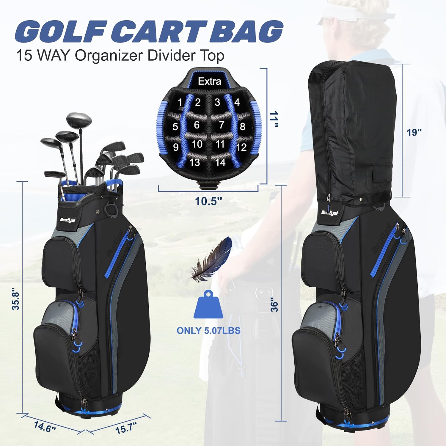 15-Way Golf Cart Bag, Lightweight Golf Club Bag for Men with Cooler | 15 Separate Compartments Easy Club Access Multiple Storage Pockets Cart Strap Channel Beverage Storage and Carry Handles