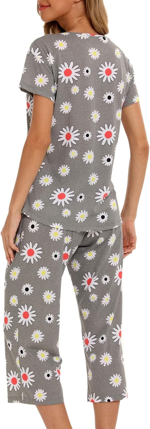 ENJOYNIGHT Womens Pajama Set Cotton Summer Pj Top with Capri Pant Sleepwear