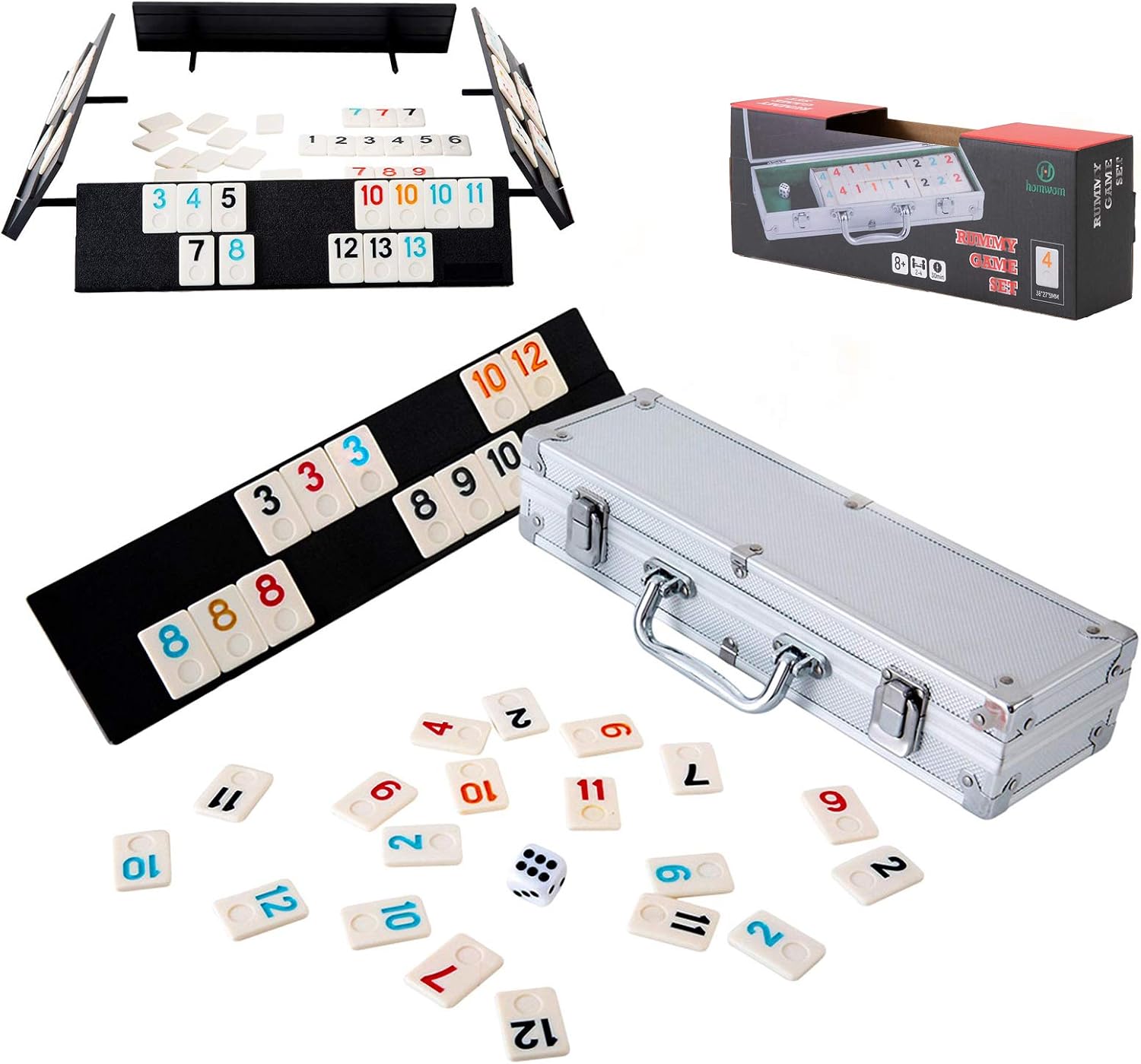 Homwom 106 Tiles Rummy Game - Travel Games Rummy Board Game Rummy Set with Aluminum Case & 4 Anti-Skid Durable Trays