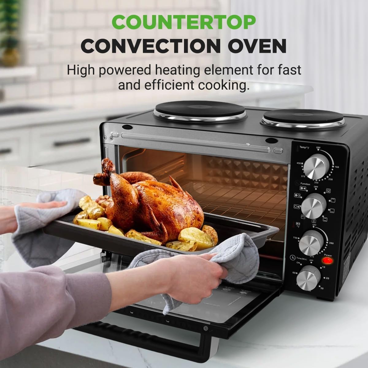 NutriChef 30 Quart Kitchen Convection Oven & 2 Burner Cooker - 1500 Watt Oven - 7 Cook Functions Rotisserie, Cook, Bake