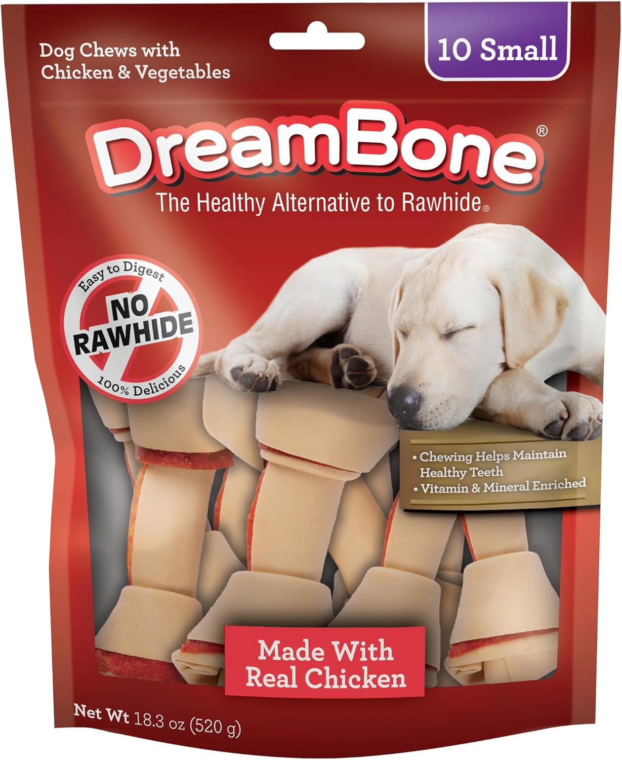 DreamBone Small Bone Rawhide-Free Dog Treats With Real Protein, 10 Count | Daily Chew, Digests Safely and Completely, Made With Real Chicken and Veggies, For Adult Dogs