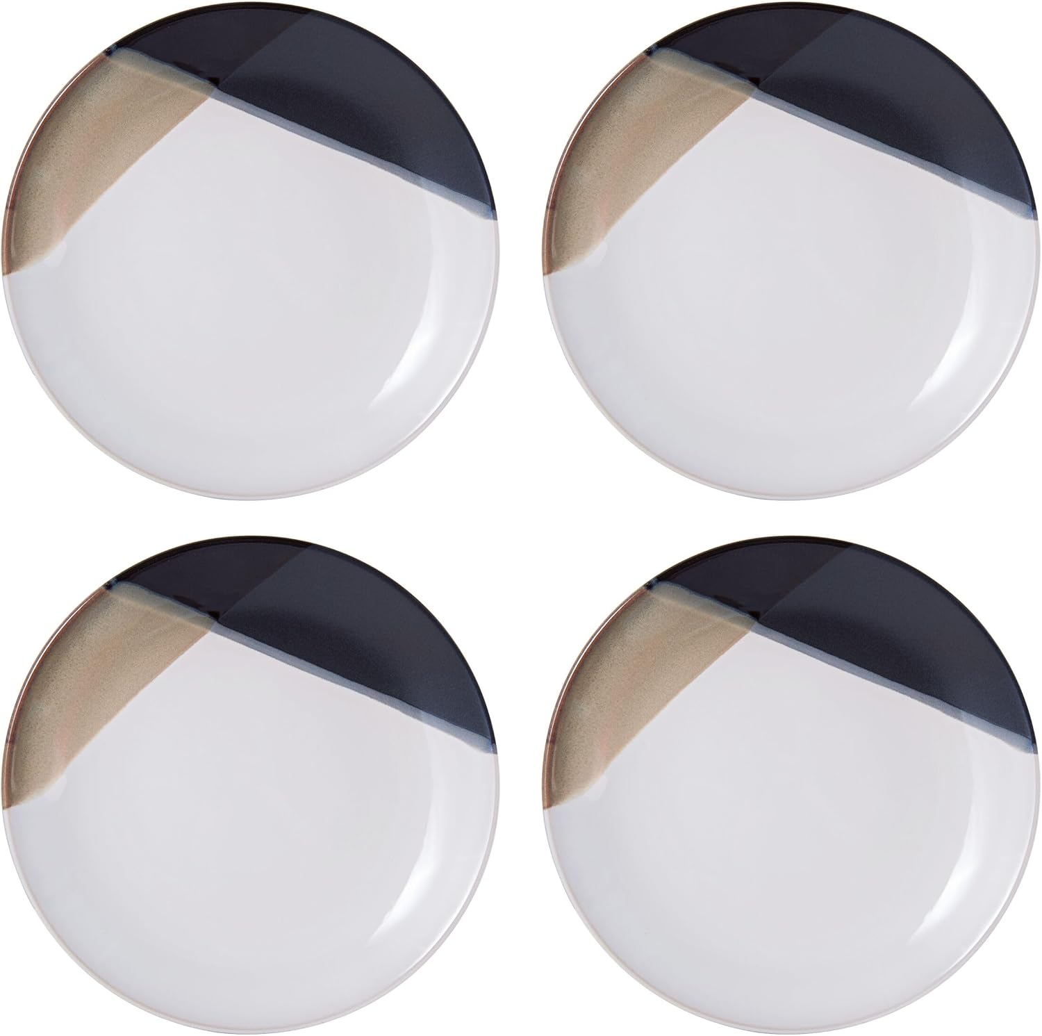 Mikasa Gourmet Basics Caden 16-Piece Stoneware Dinnerware Set, Service for 4, White Glossy Center with Black and Tan Two-Tone Reactive Glaze, Dishwasher and Microwave Safe