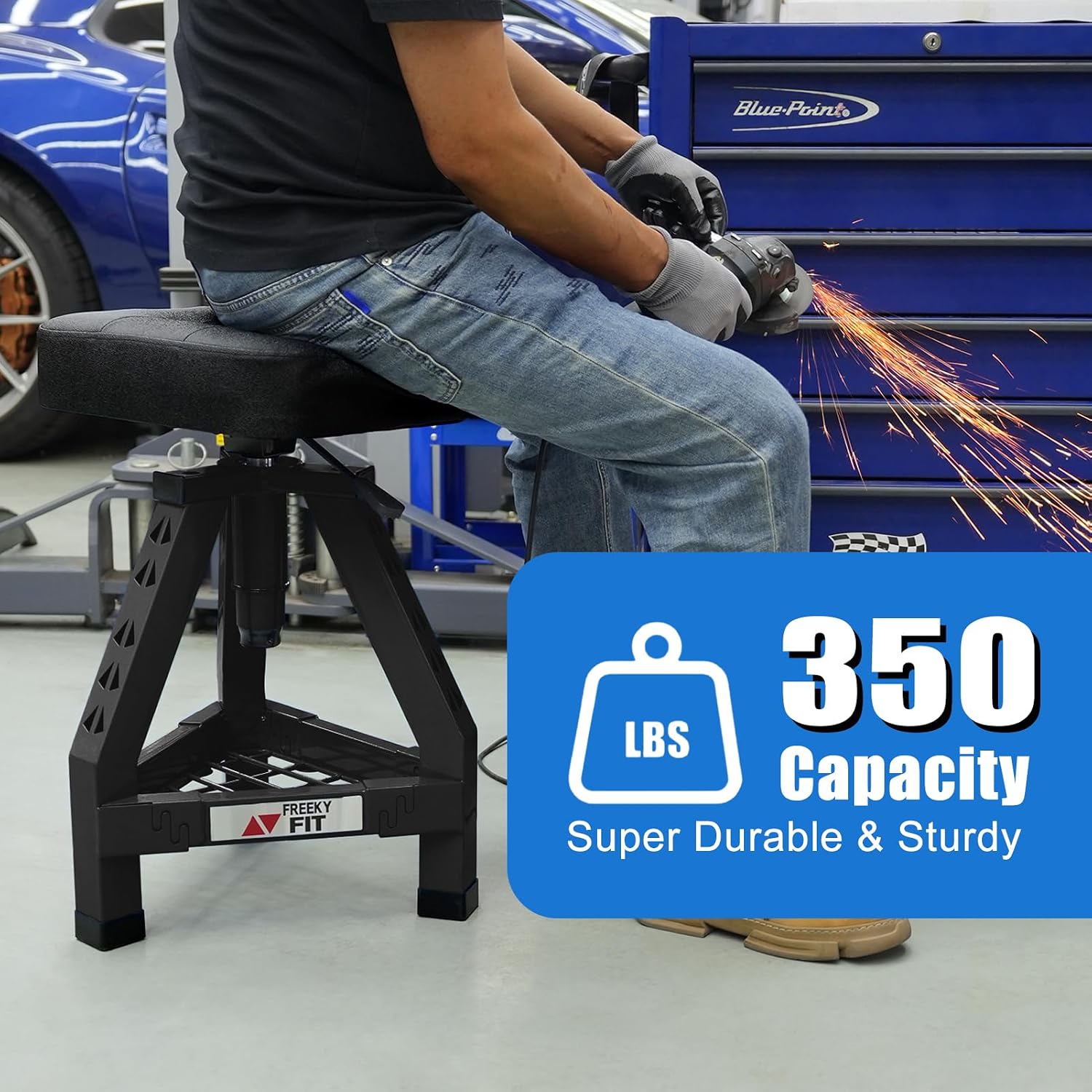 Adjustable Shop Stool,Garage Mechanic Stool Chair,Work Seat for Workshop, Adjustable Height, 360° Swivel Padded Square Seat,Tool Storage, 350 LBS Capacity, Heavy Duty, Blue