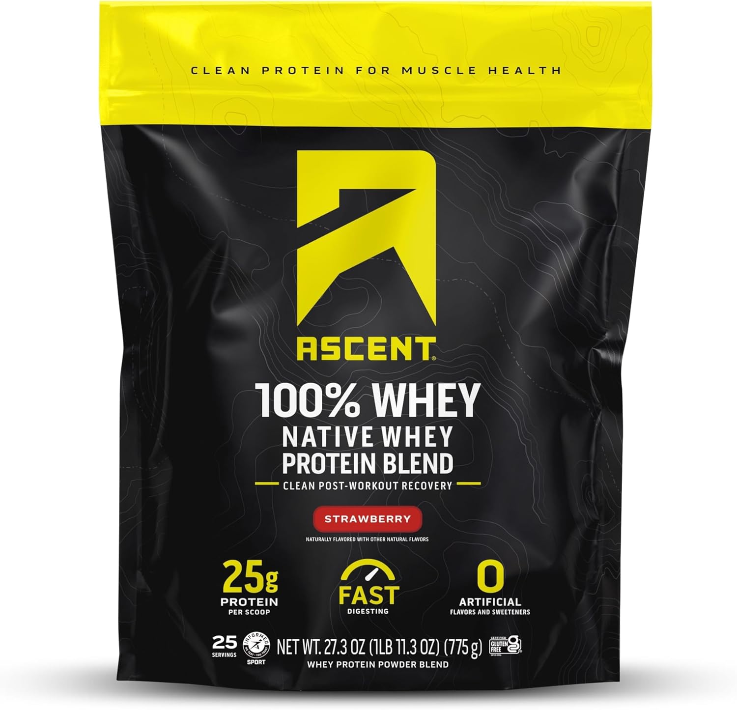 Ascent 100% Whey Protein Powder - Post Workout Whey Protein Isolate, Zero Artificial Flavors & Sweeteners, Gluten Free, 5.5g BCAA, 2.6g Leucine, Unflavored 2 lb