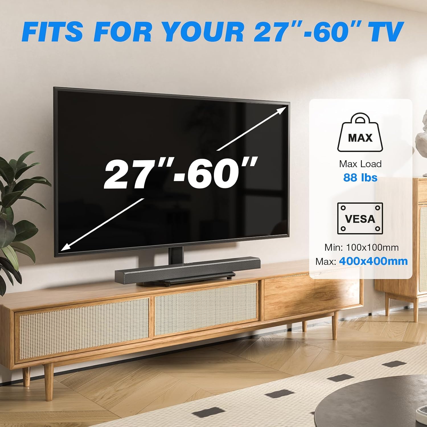 Rfiver Universal Swivel TV Stand for 27-50 55 60 Inch TVs | Height Adjustable Tabletop TV Stand Holds up to 88 lbs, Pedestal TV Stand with Tempered Glass Base, Replacement TV Mount