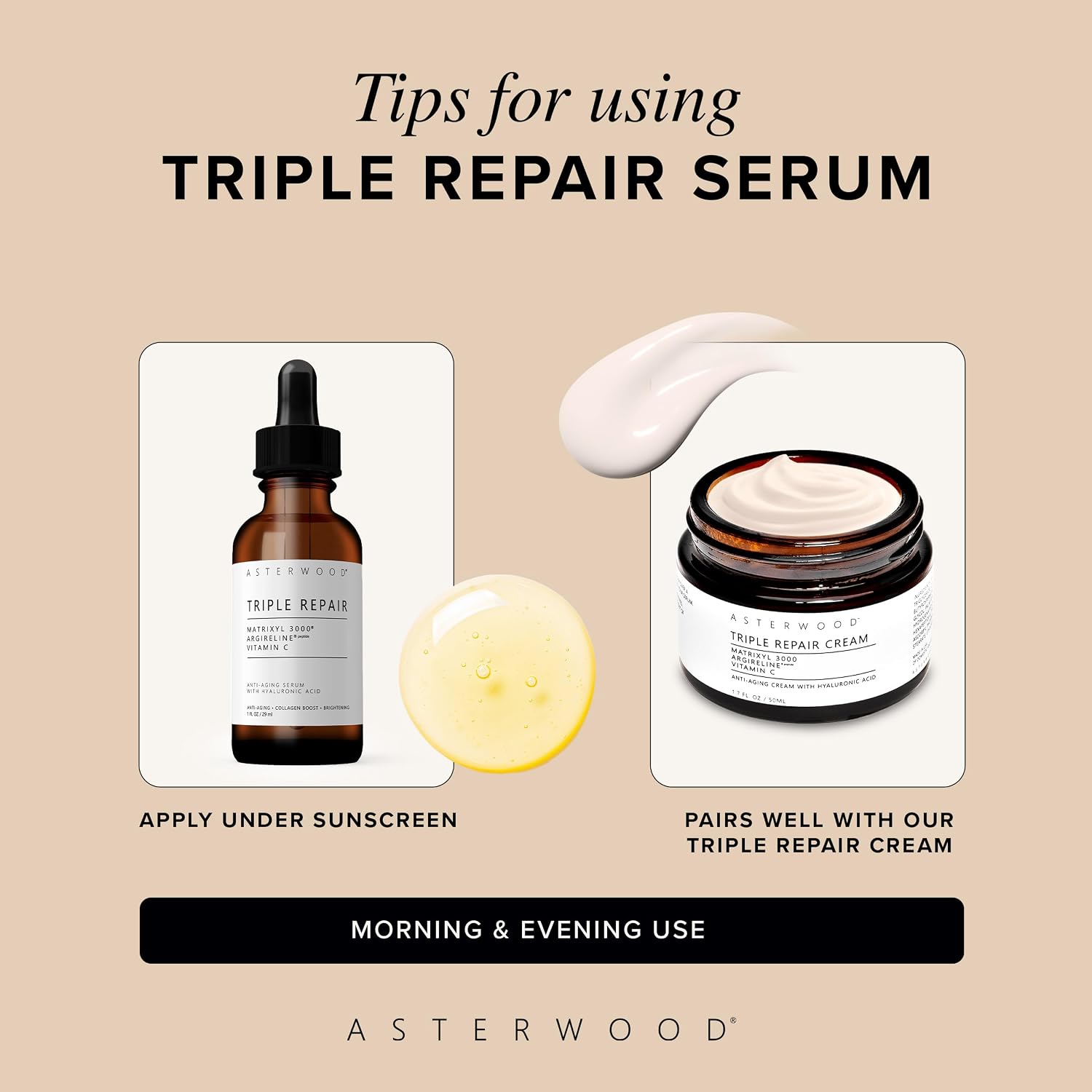 Asterwood Triple Repair Peptide Serum, Matrixyl 3000, Argireline & Vit. C | Minimizes Fine Lines & Stimulates Collagen, Formulated with Hyaluronic Acid, Cruelty-Free, 8 Fl Oz