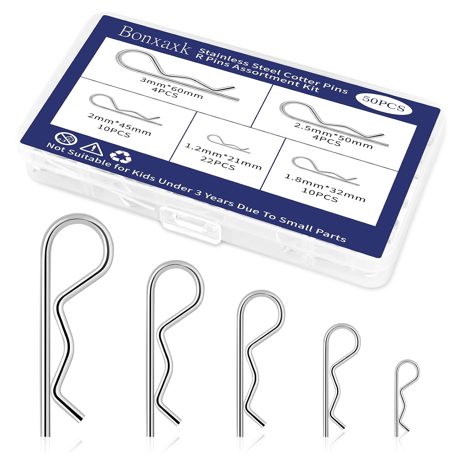 50 Pcs Cotter Pins Assortment Kit R Clips retaining pin | Heavy Duty R Clips Hardware Pins, 5 Sizes Spring Fasteners, Hitch Pin for Trailer Locking