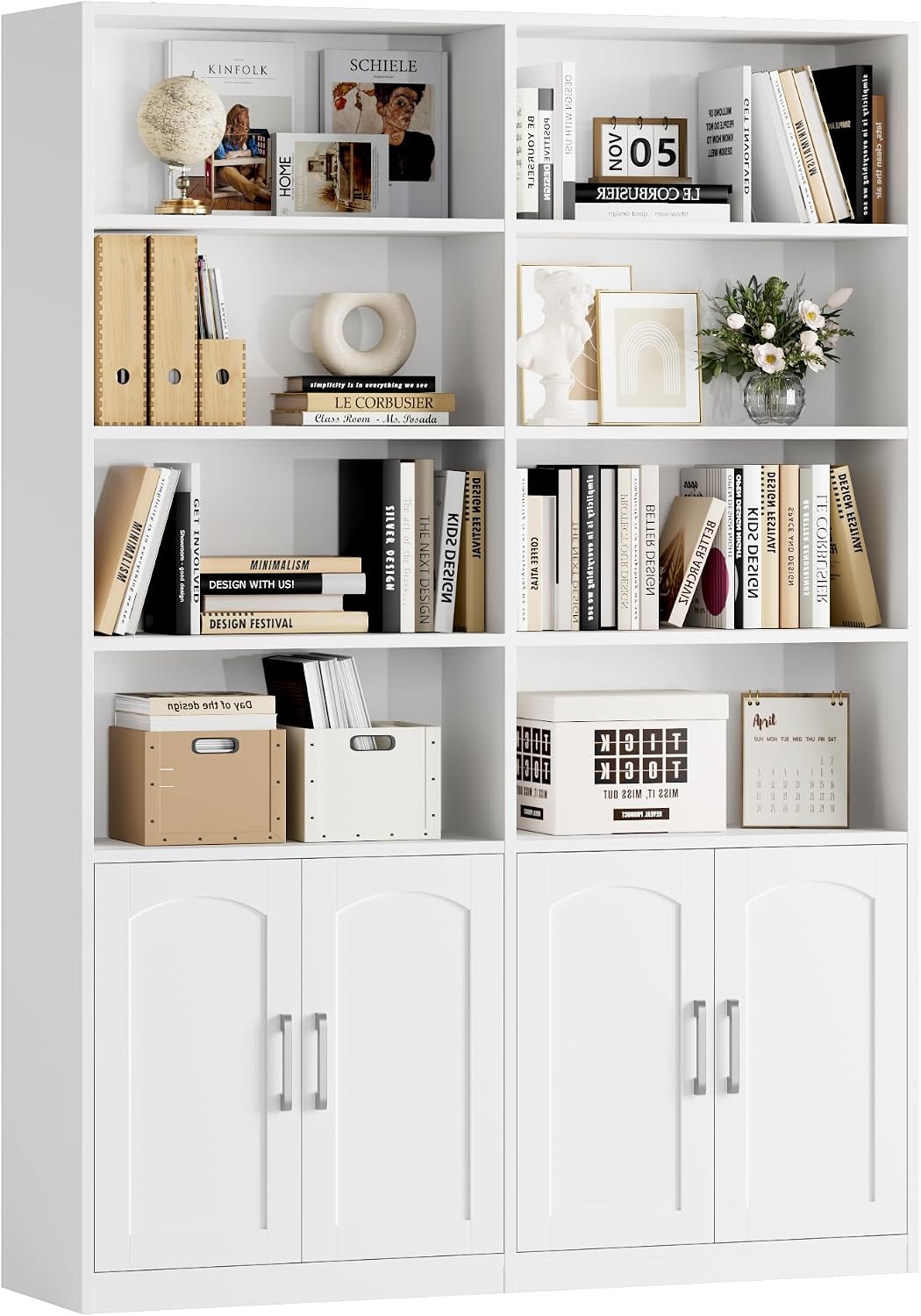 Bookshelf and Bookcase with Doors, Double Wide Large Bookshelves | Industrial Open Display Shelves 6 Tier, 73'' Tall Bookshelf with Storage Cabinets for Office,Home, Living Room, Library,White
