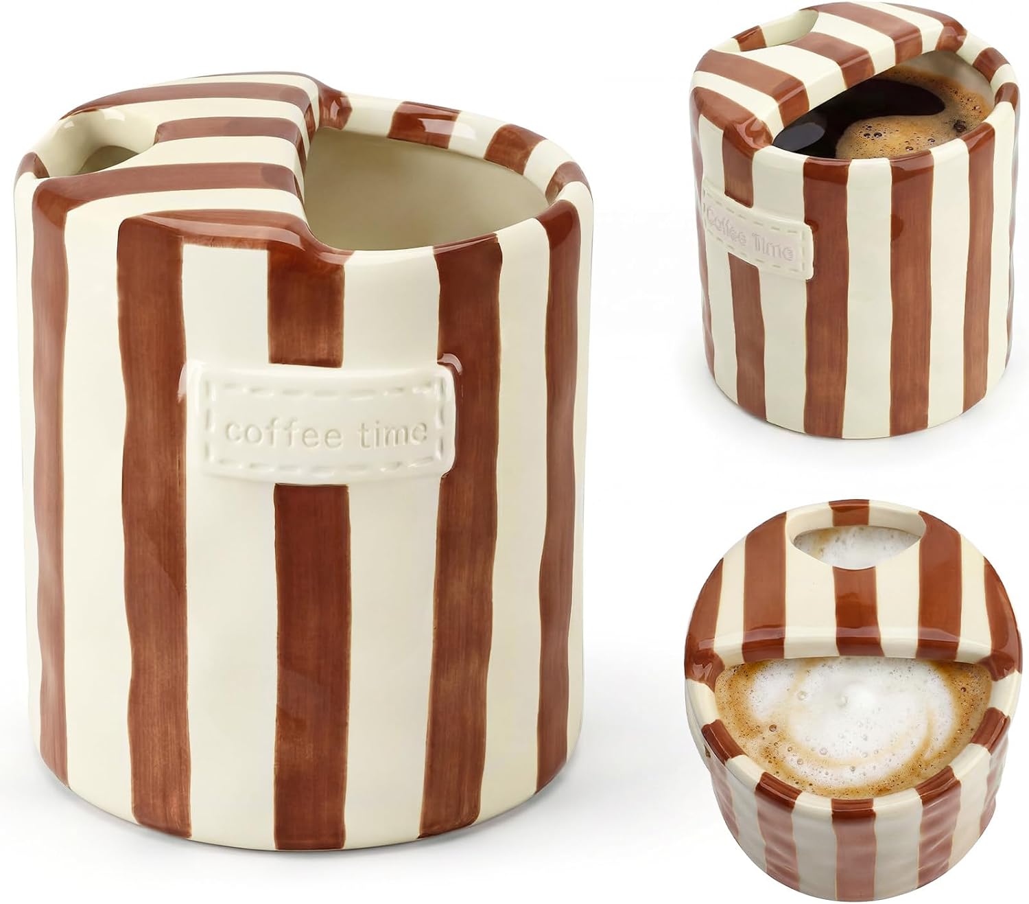 10oz Ceramic Coffee Mug with Sip Hole, Striped Espresso Cups for Hot & Cold Drinks and Microwave & Dishwasher & Freezer Safe