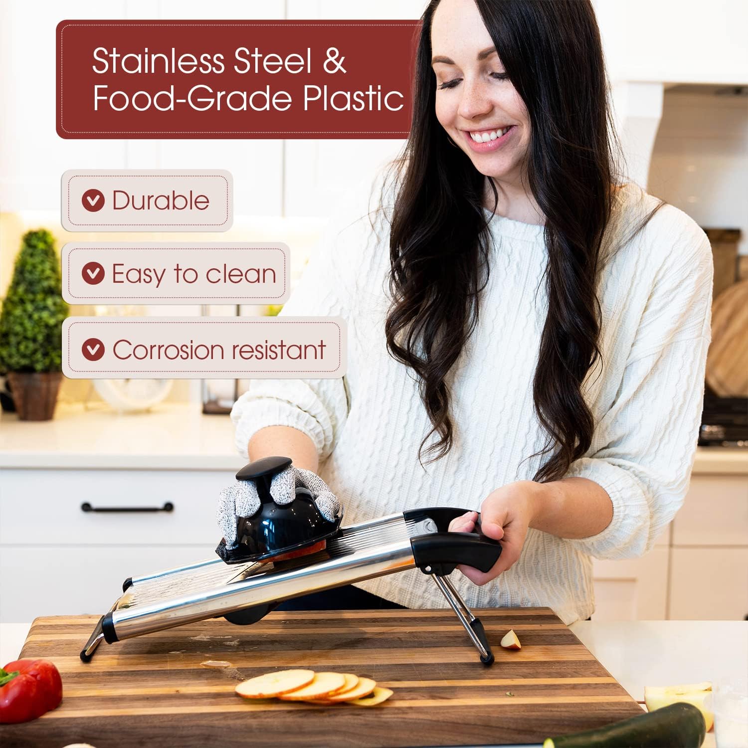 Stainless Steel Mandoline Slicer for Kitchen – 6-Setting Adjustable, 16.5 x 5 In. Platform, Hand Guard, Cut-Resistant Gloves – Vegetable Chopper