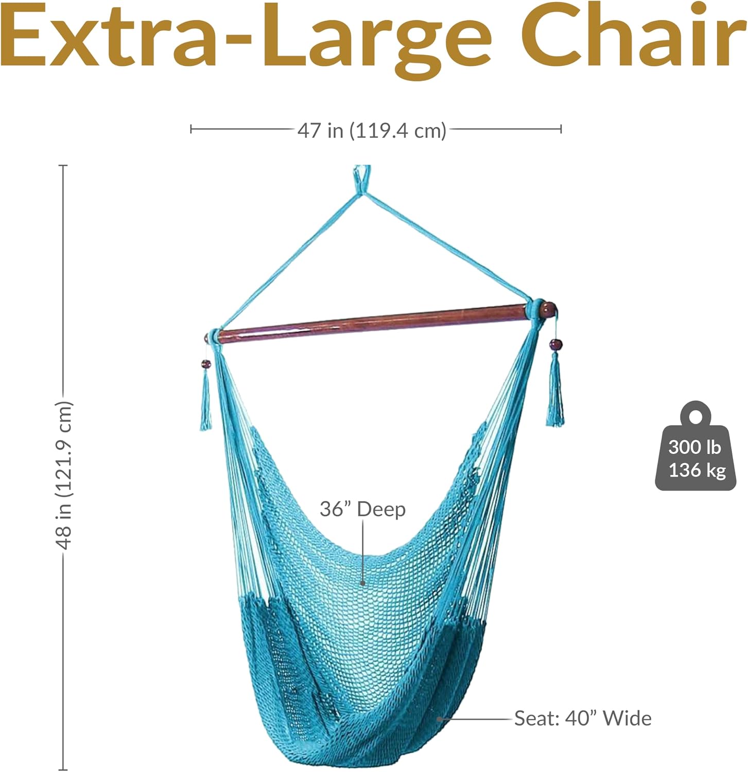 Sunnydaze Hanging Hammock Chair Swing for Patio, Caribbean, Tan | 300 lb Capacity, Wooden Spreader Bar, Woven Polyester, Hang From a Tree, Hammock Chair Stand, or Ceiling, Hammock Swing Chair