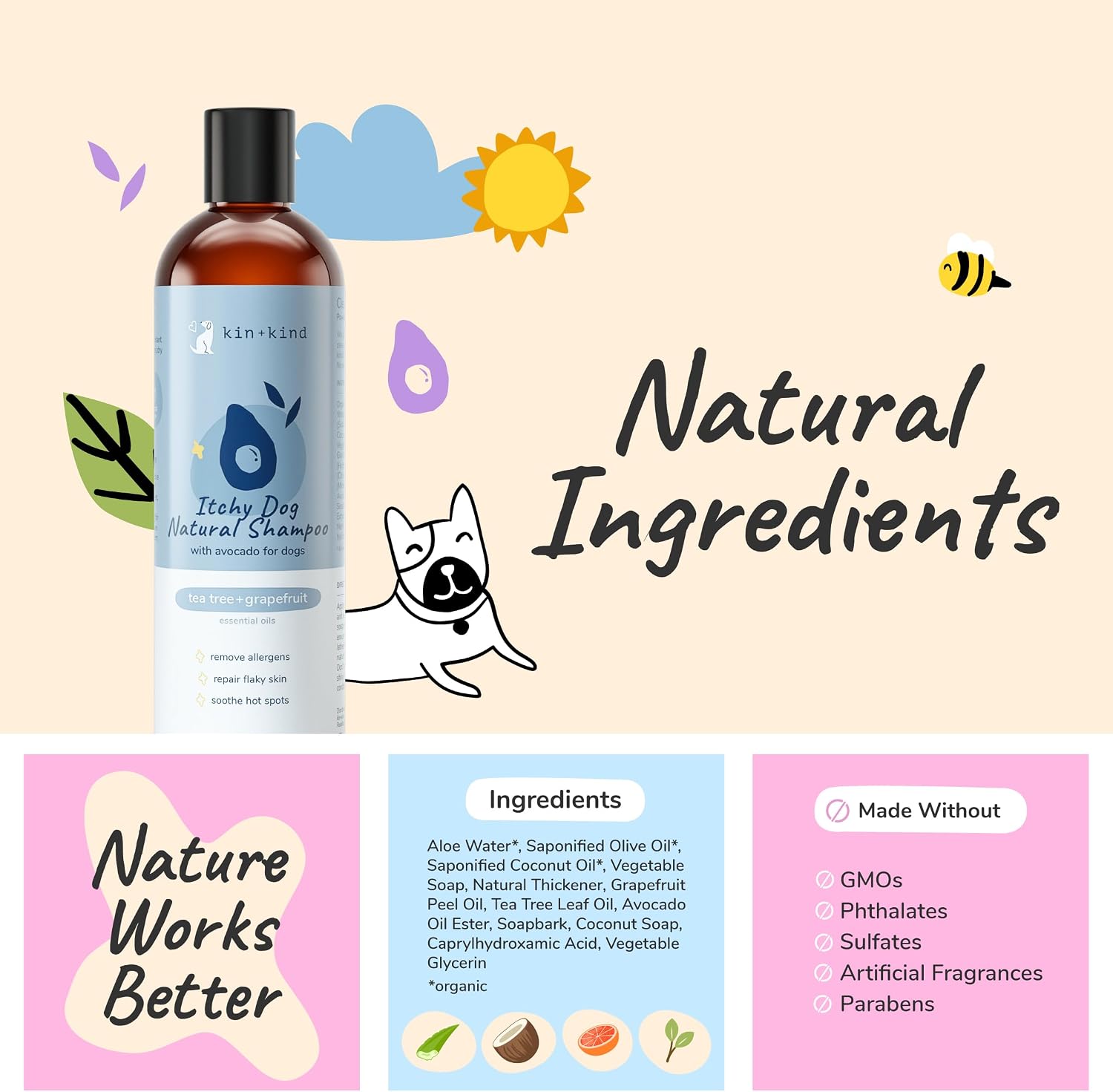 kin+kind Dry Skin + Coat Natural Dog Shampoo - for Dry Skin & Coat - Argan Oil Moisturizing Clean - Cedarwood Fragrance - 12 fl oz