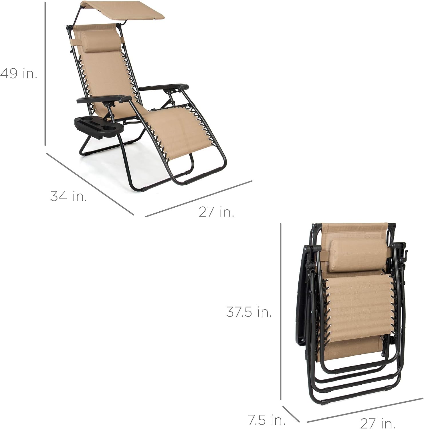 Best Choice Products Folding Zero Gravity Outdoor Recliner Patio Lounge Chair w/Adjustable Canopy Shade, Headrest, Side Accessory Tray, Textilene Mesh - Beige