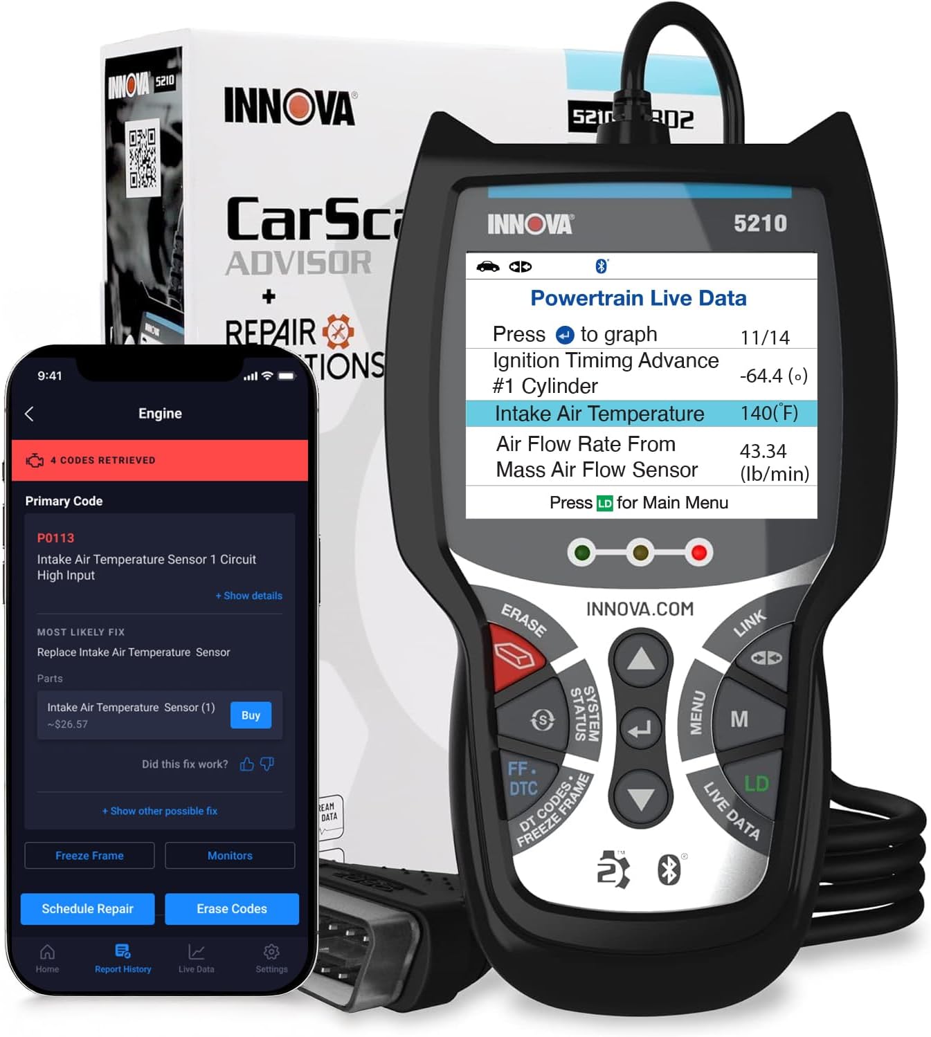 Innova 5210 OBD2 Scanner & Engine Code Reader, Battery Tester, Live Data, Oil Reset, Car Diagnostic Tool for Most Vehicles