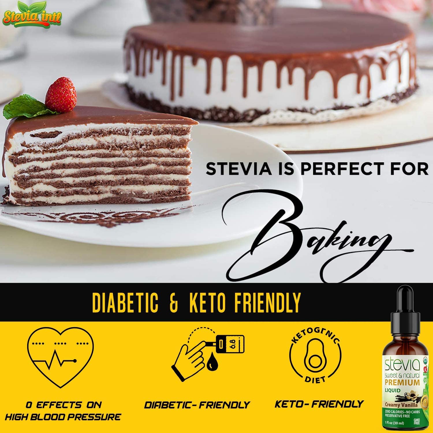 Creamy Vanilla Premium Stevia Drops. Organic Liquid Stevia, Sugar Substitute, Naturally Sweet, Non-Bitter, 0 Calorie, 0 Carb, NON-GMO