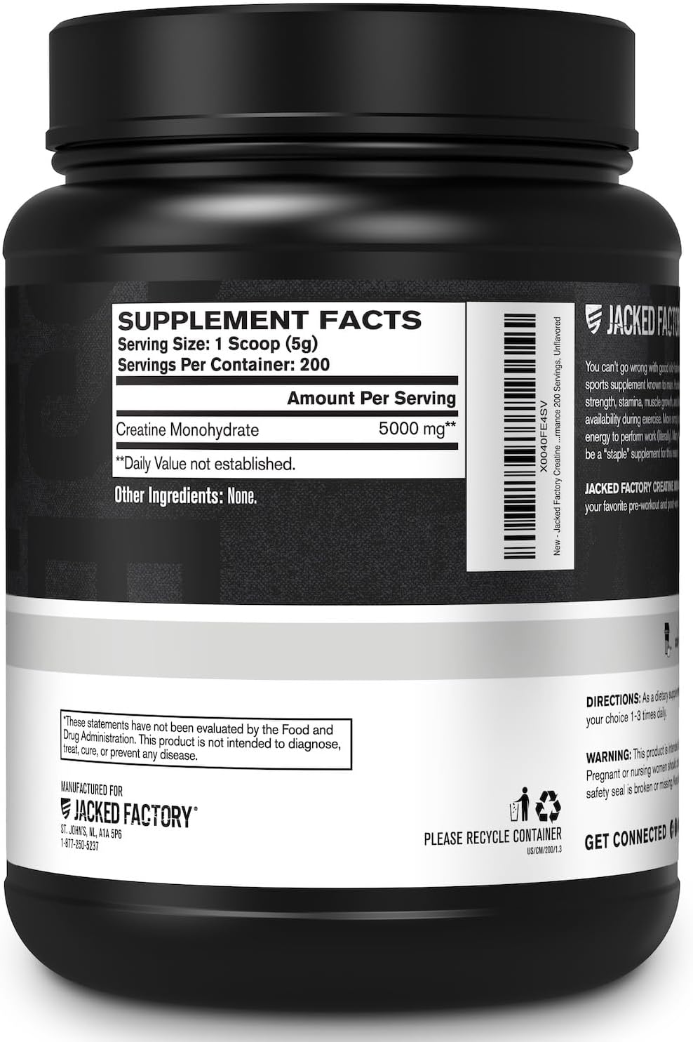 Jacked Factory Creatine Monohydrate Powder 425g - 5g Daily Micronized Creatine Monohydrate for Men and Women, Vegan-Friendly