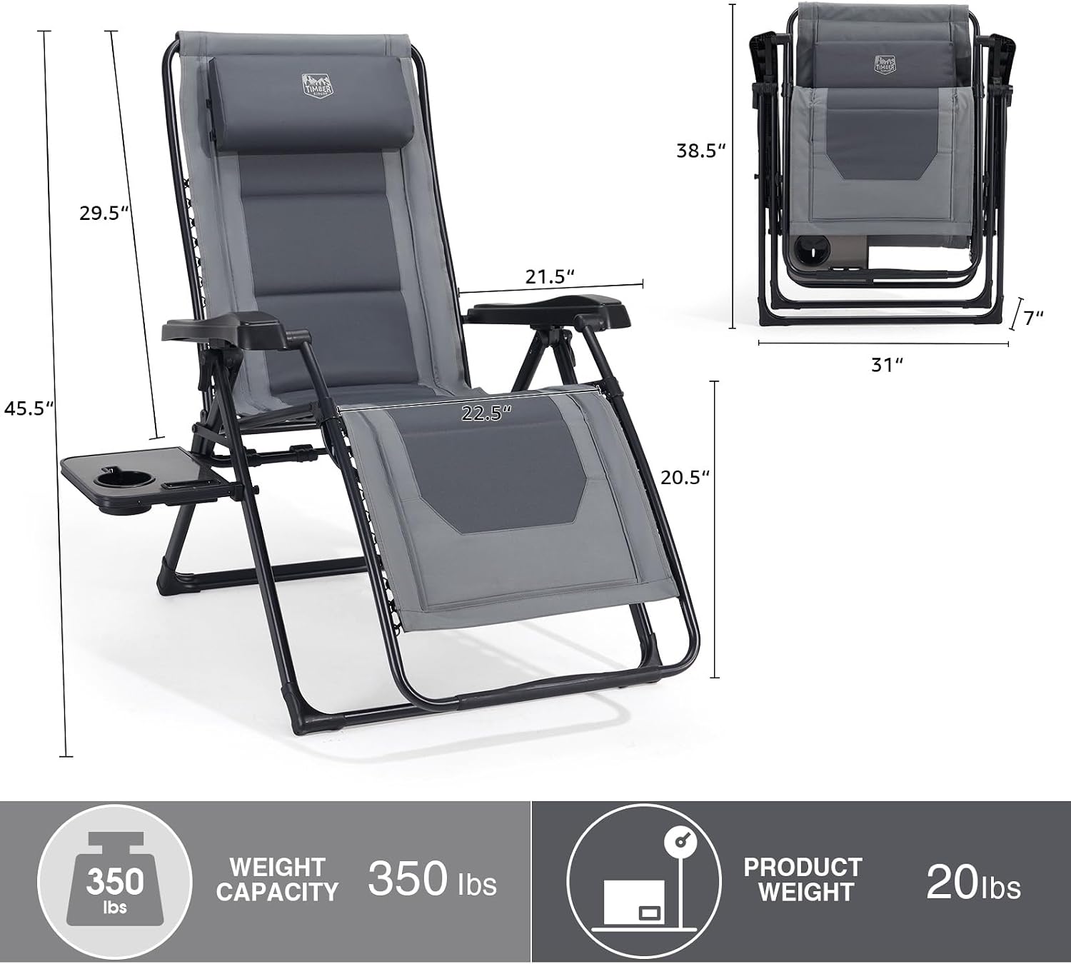 TIMBER RIDGE Zero Gravity polyester Chair Oversized Recliner 350lbs Capacity Patio Lounge Chair Padded Lawn Chair with Headrest XXL for Outdoor
