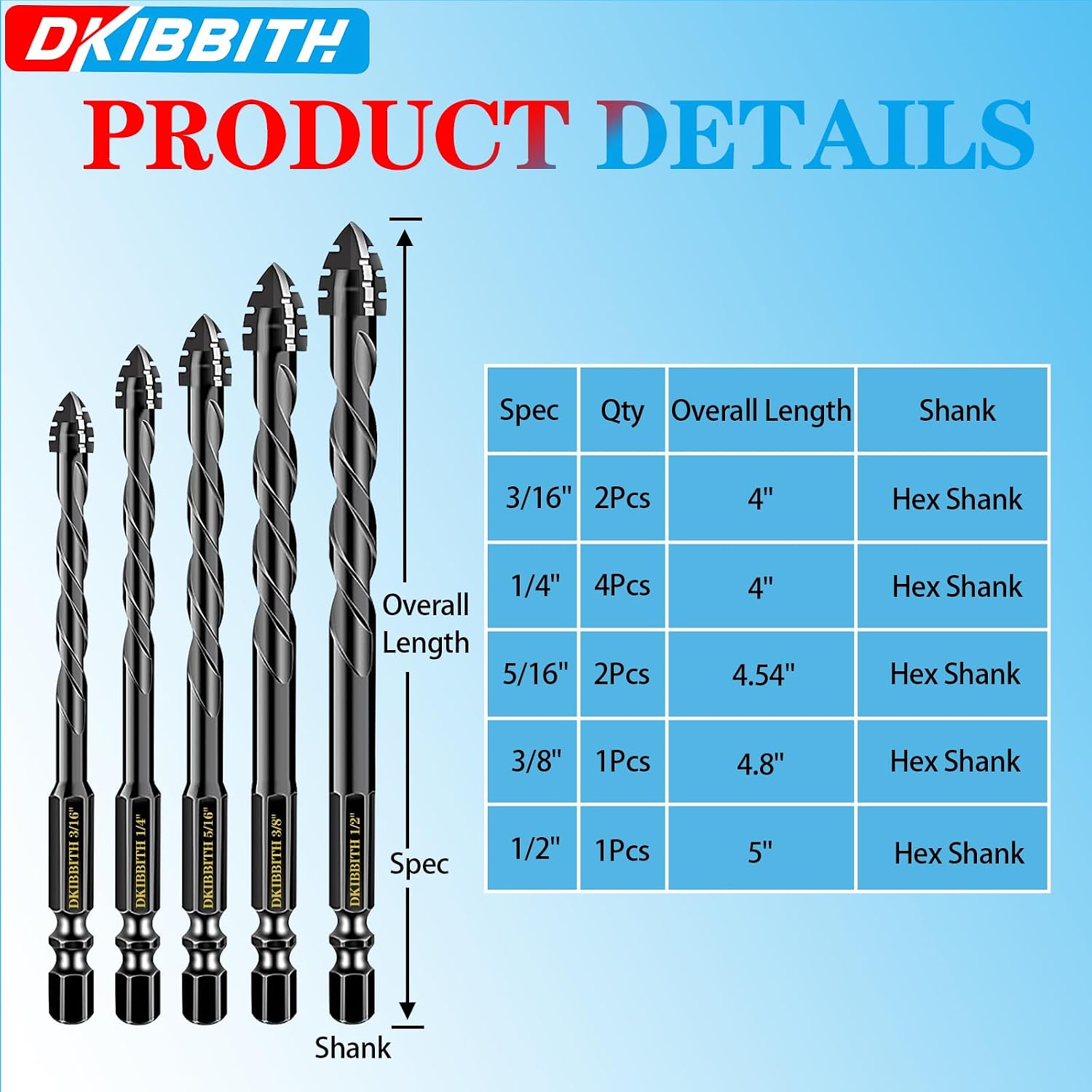 10-Piece Masonry Drill Bit Set for Concrete Tile Glass Ceramic Brick, 1/8 to 1/2 Inch Drilling Bits with Triangle Handle