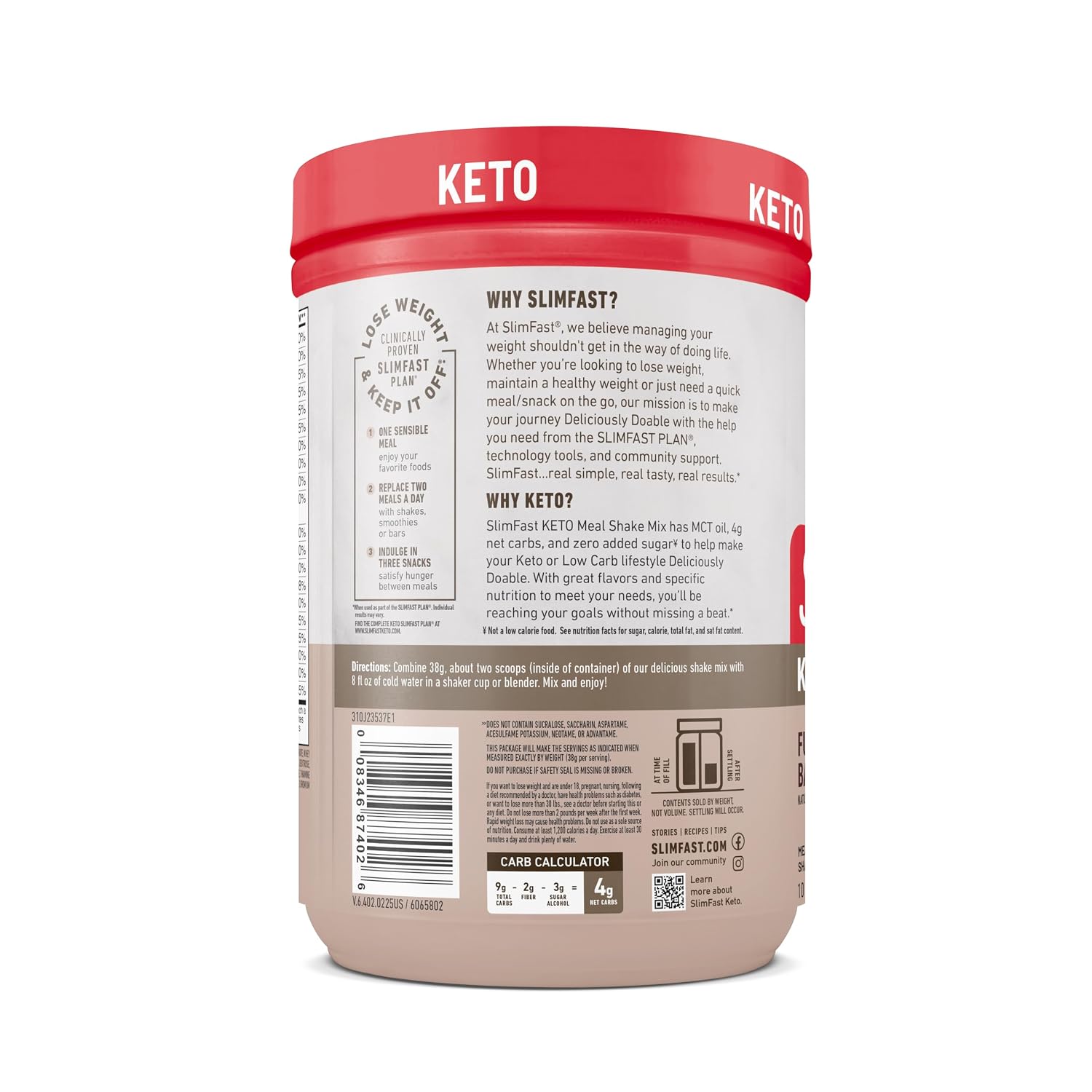 SlimFast Keto Meal Replacement Shake, Fudge Brownie Batter, Low Carb Keto Protein Powder with Collagen & Whey, No Sugar Added, Gluten Free, Weight Loss Support, 10-Serving Canister