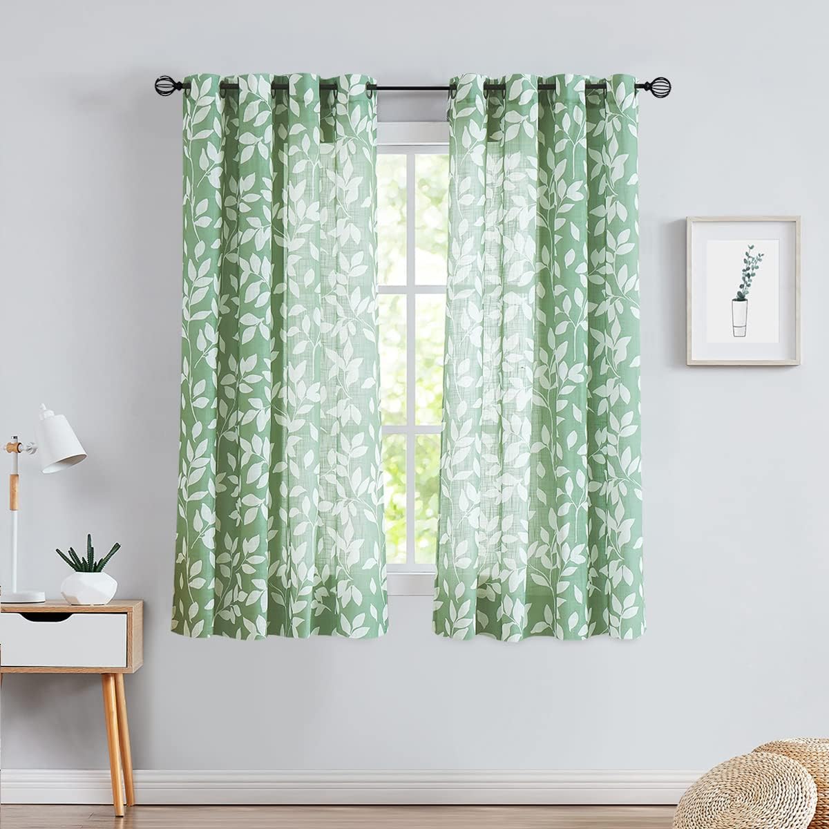 Leaf Semi Sheer Curtains for Bedroom Living Room 52x72" Taupe White Print 2