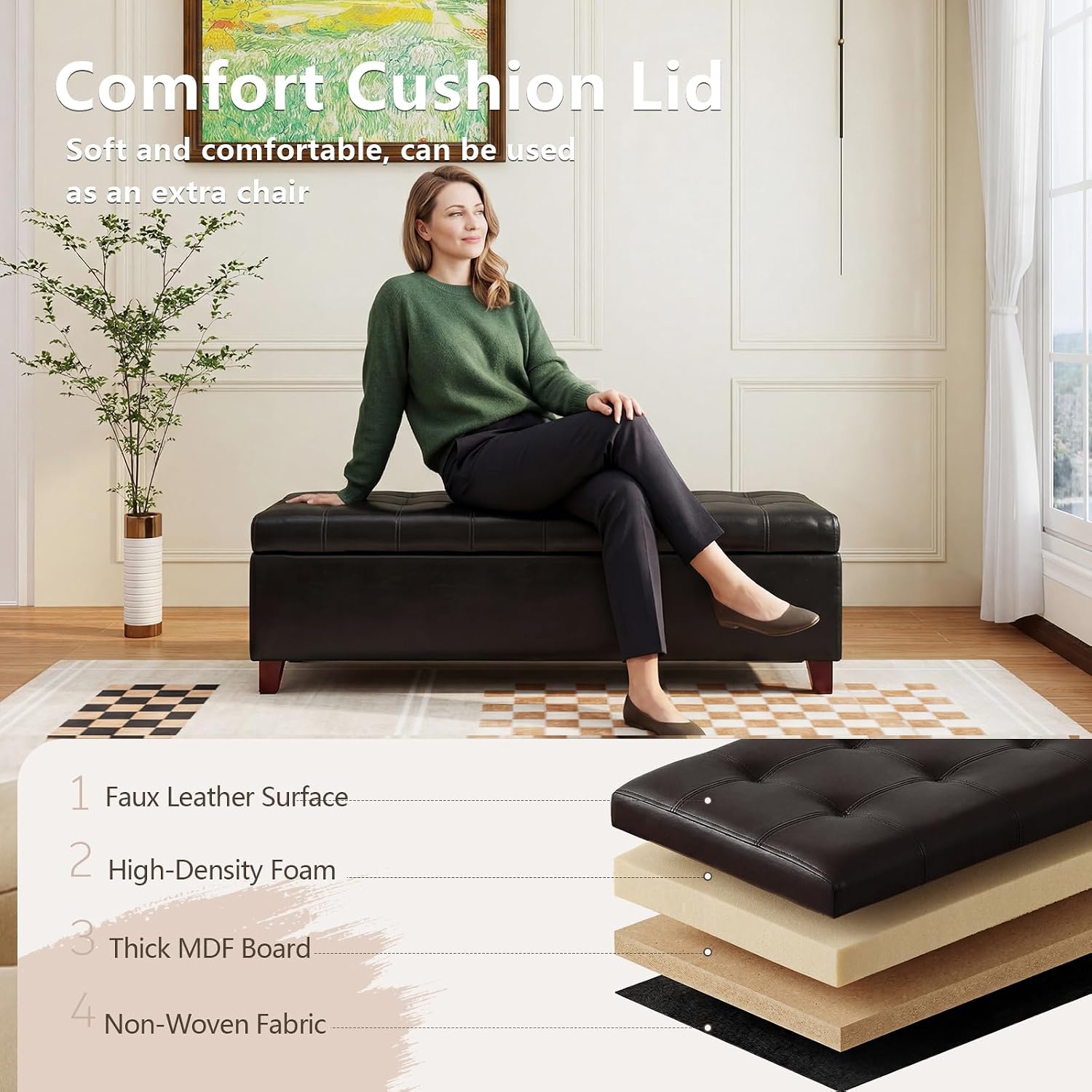51 Inch Storage Bench,Leather Tufted Storage Ottoman with Legs | Safety Hinges,Wooden Legs,Upholstered,End of Bed,Bedroom,Living Room,Entryway,330LBS,Brown