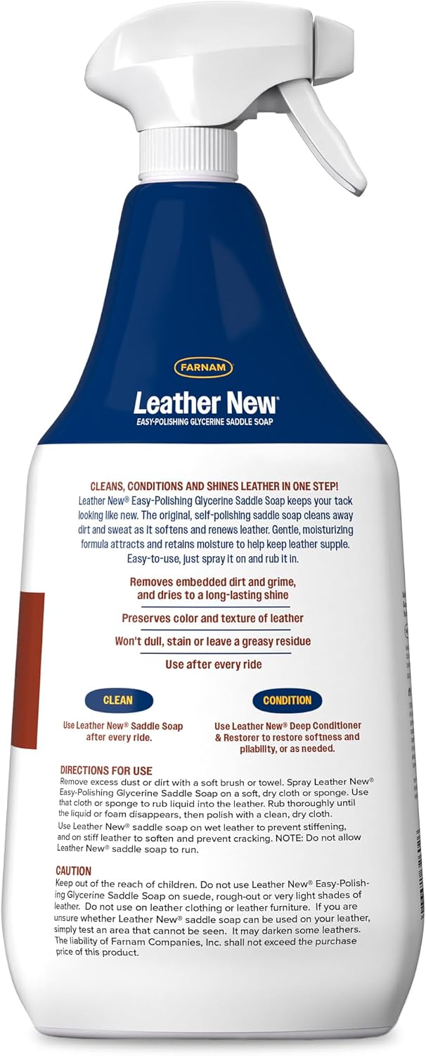 Farnam Leather New Easy-Polishing Glycerine Saddle & Leather Cleaner, 32 oz | Conditions Saddles and Leather Tack, Moisturizing, and Protects Against Moisture