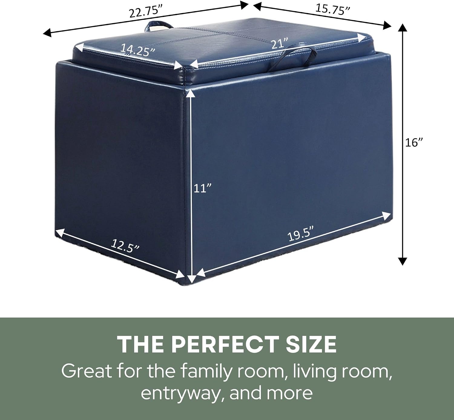 Convenience Concepts Designs4Comfort Accent Storage Ottoman 22.75" - Modern Foot Stool with Decorative Tray for Living Room, Dining Room, Office, Blue Faux Leather