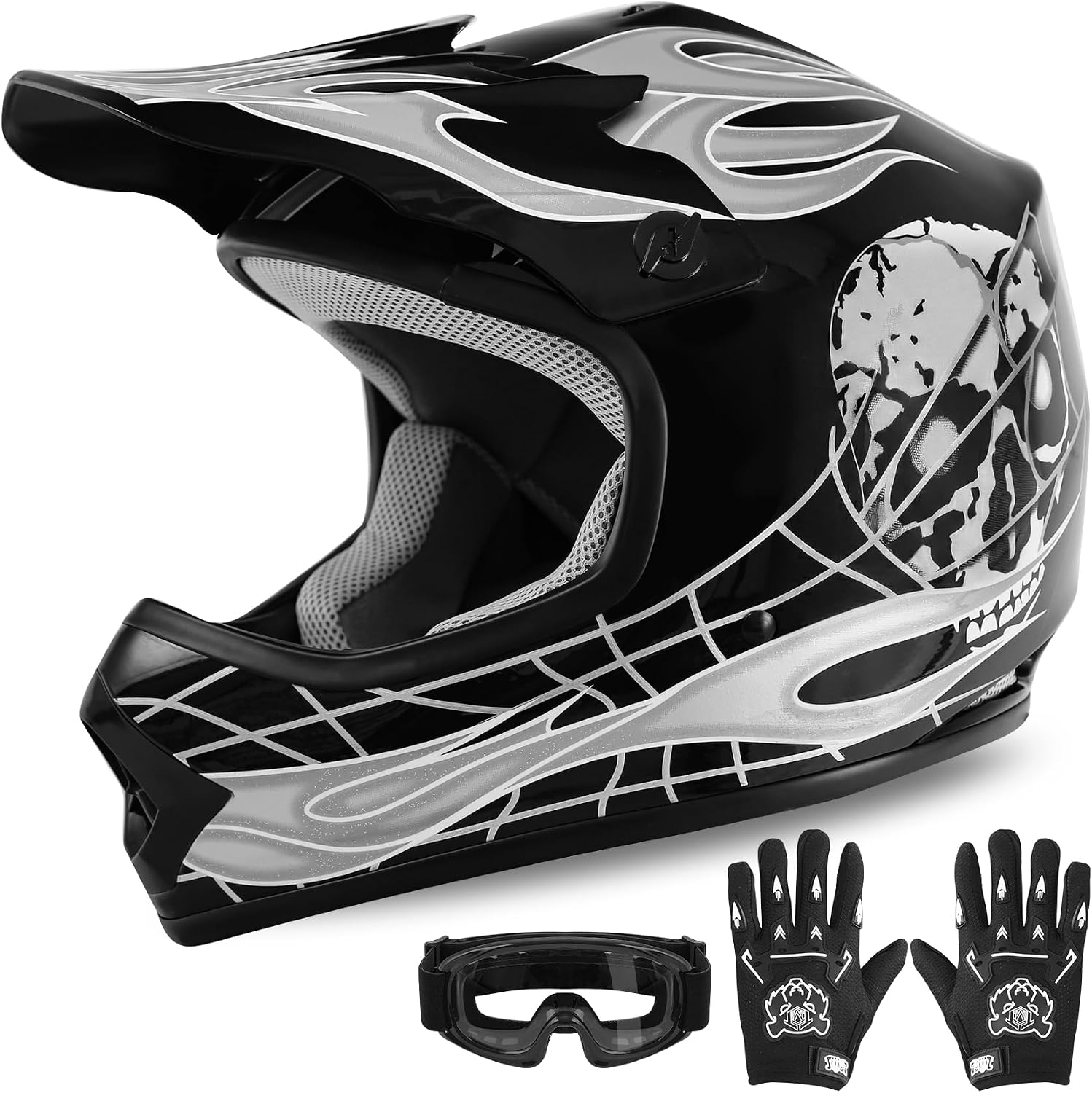 Kids Dirt Bike Helmet Youth Motorcycle Helmet DOT-Certified Full Face Helmets for Motocross ATV Off-Road Street Bike with Goggles & Gloves, Blue Flame Medium | Motorcycle Riding Gear included Goggles & Gloves, Ultra-Lightweight, For ATV UTV Off-Road, Blu…