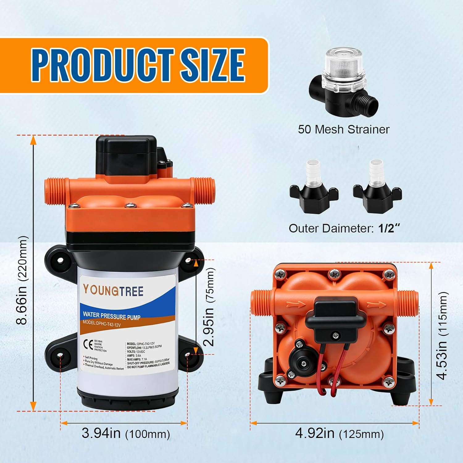 YOUNGTREE RV Water Pressure Diaphragm Pump 110V 4.0GPM 50PSI On Demand Fresh Water Transfer Pump 110Volt AC with Garden Hose Adapters for Irrigation Home Pool Draining Sprinkler