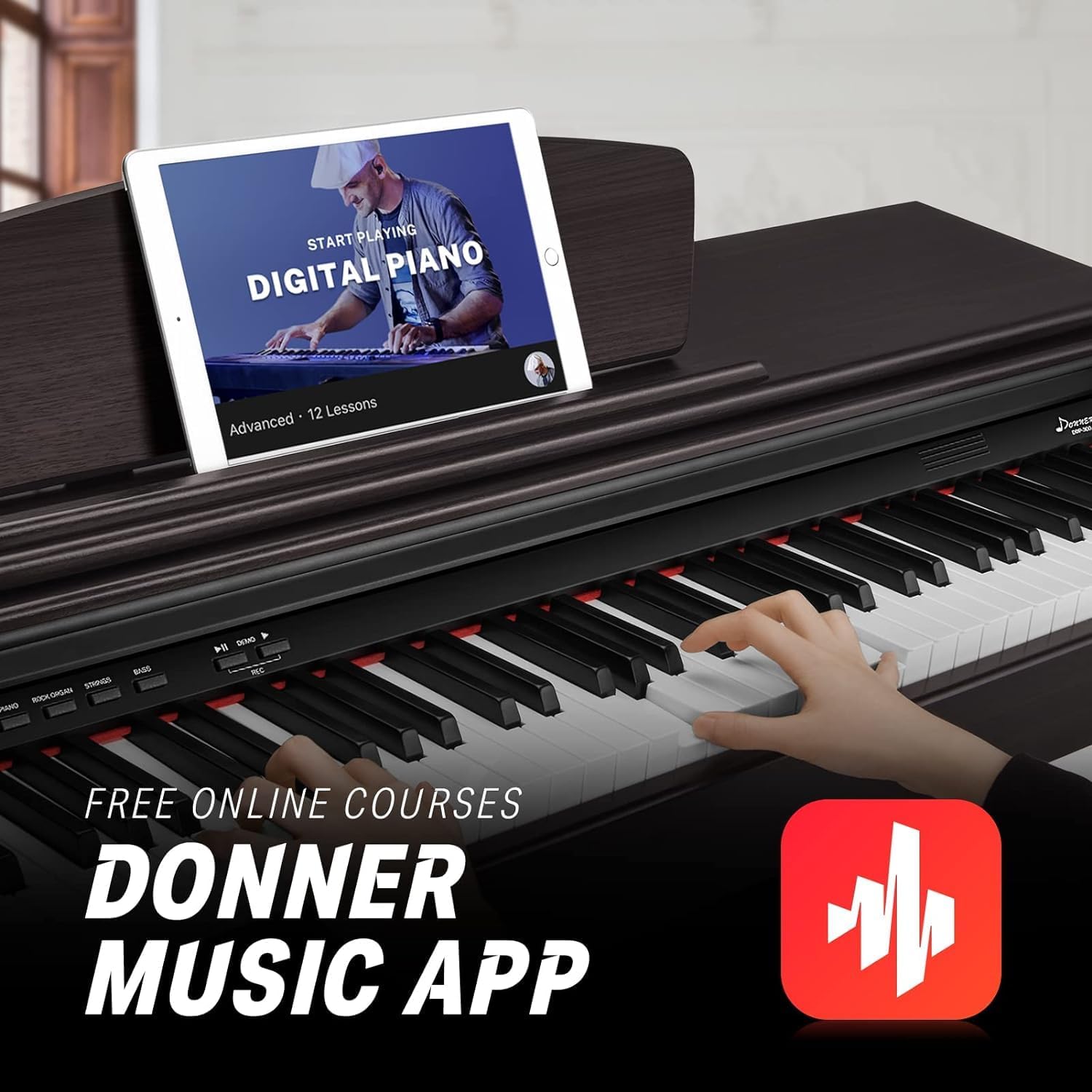 Donner DDP-300 Digital Piano with 88 Graded Hammer Action Weighted Keys, Record, Bluetooth, 10 Voices, 4 Reverb, Speakers
