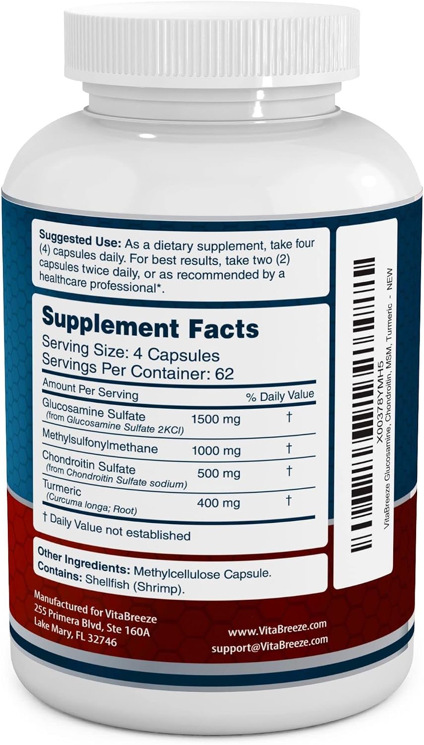 VitaBreeze Glucosamine Chondroitin MSM & Turmeric Supplement, 248 Capsules | Triple Strength Joint Support Supplement, Suitable for Men and Women