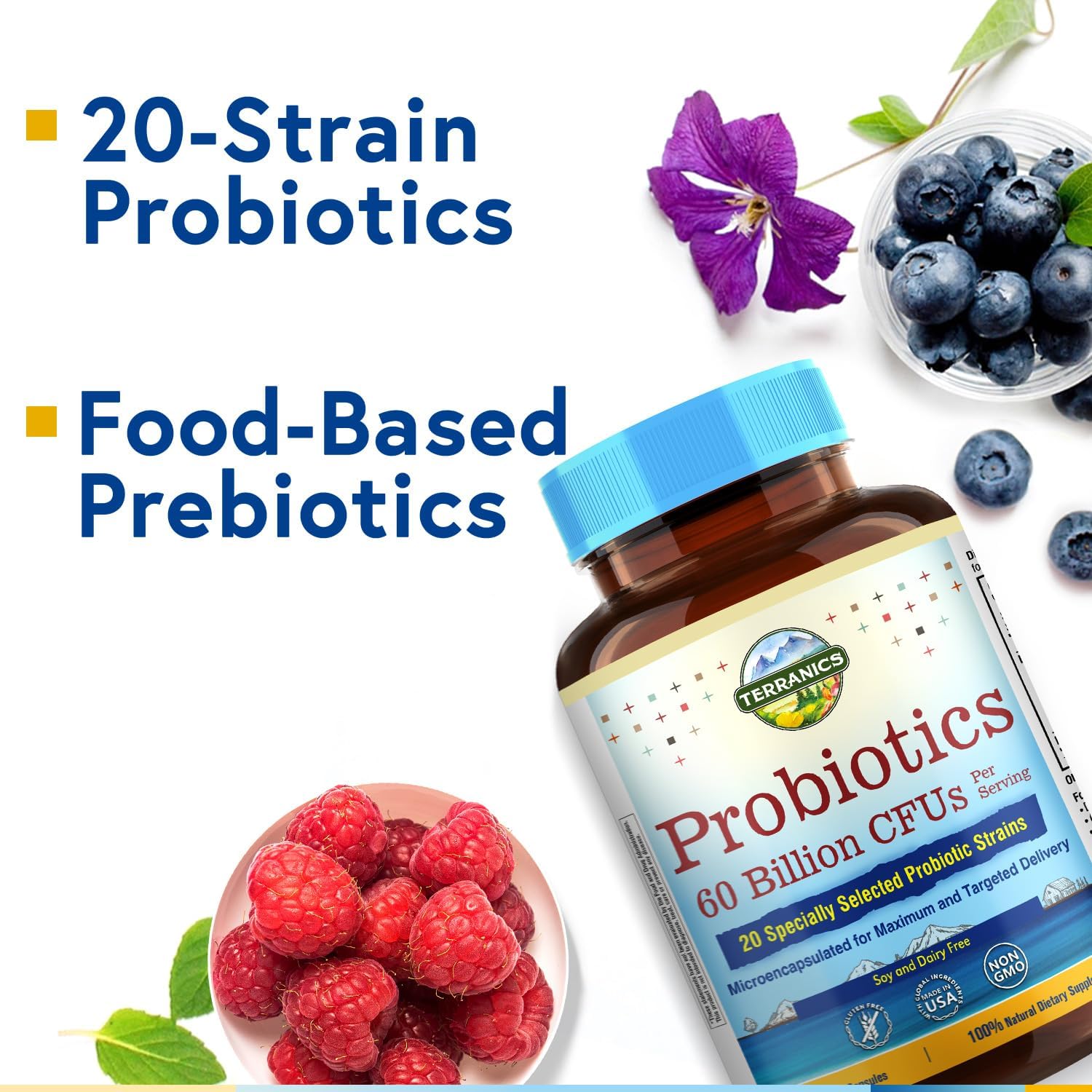 Terranics Probiotics 60 Billion CFU, 20 Strains, 60 Veg Capsules, Prebiotics & Probiotics, Shelf Stable Probiotic Supplement for Men & Women, Non-GMO