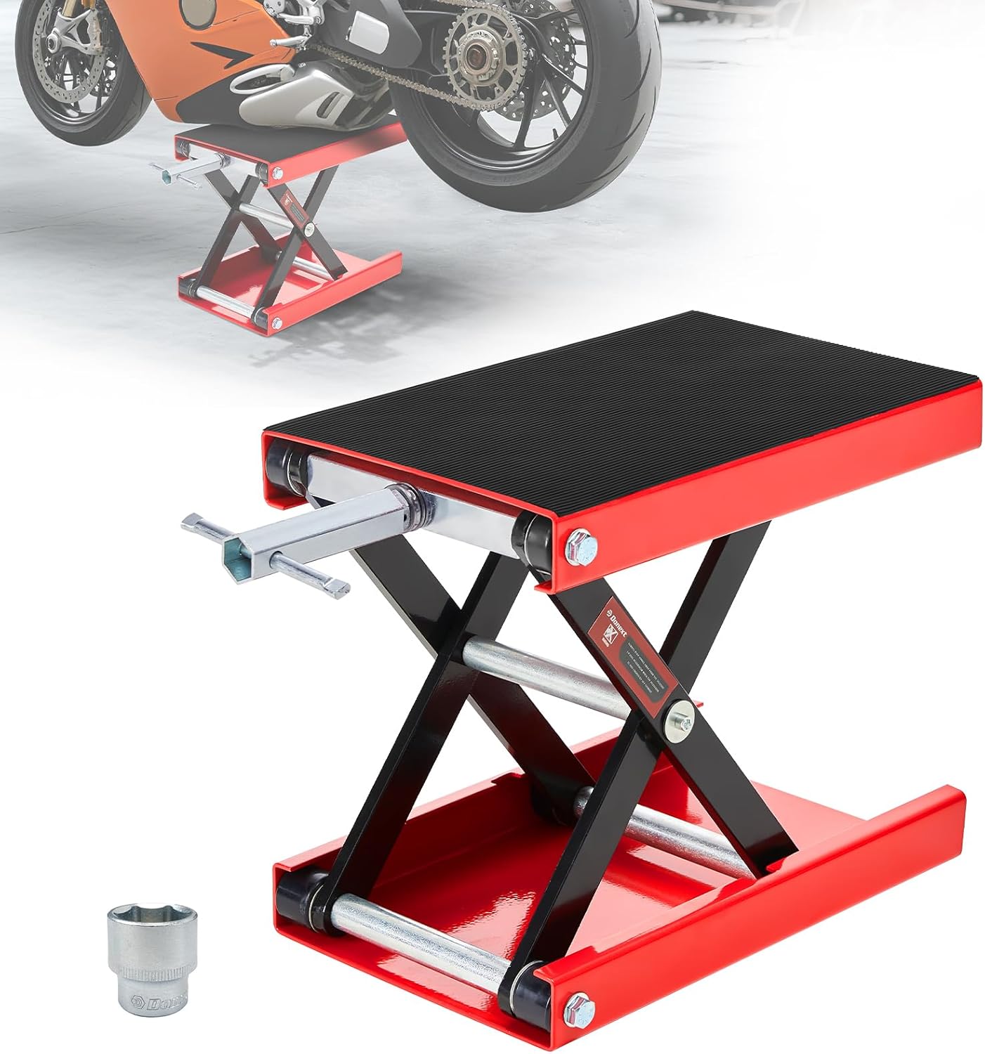 Motorcycle Lift Scissor Jack, 1200 LB Capacity Wide Deck Hoist Stand Maintenance Bikes ATVs Garage Repair Center Stand Lift Jack, Red