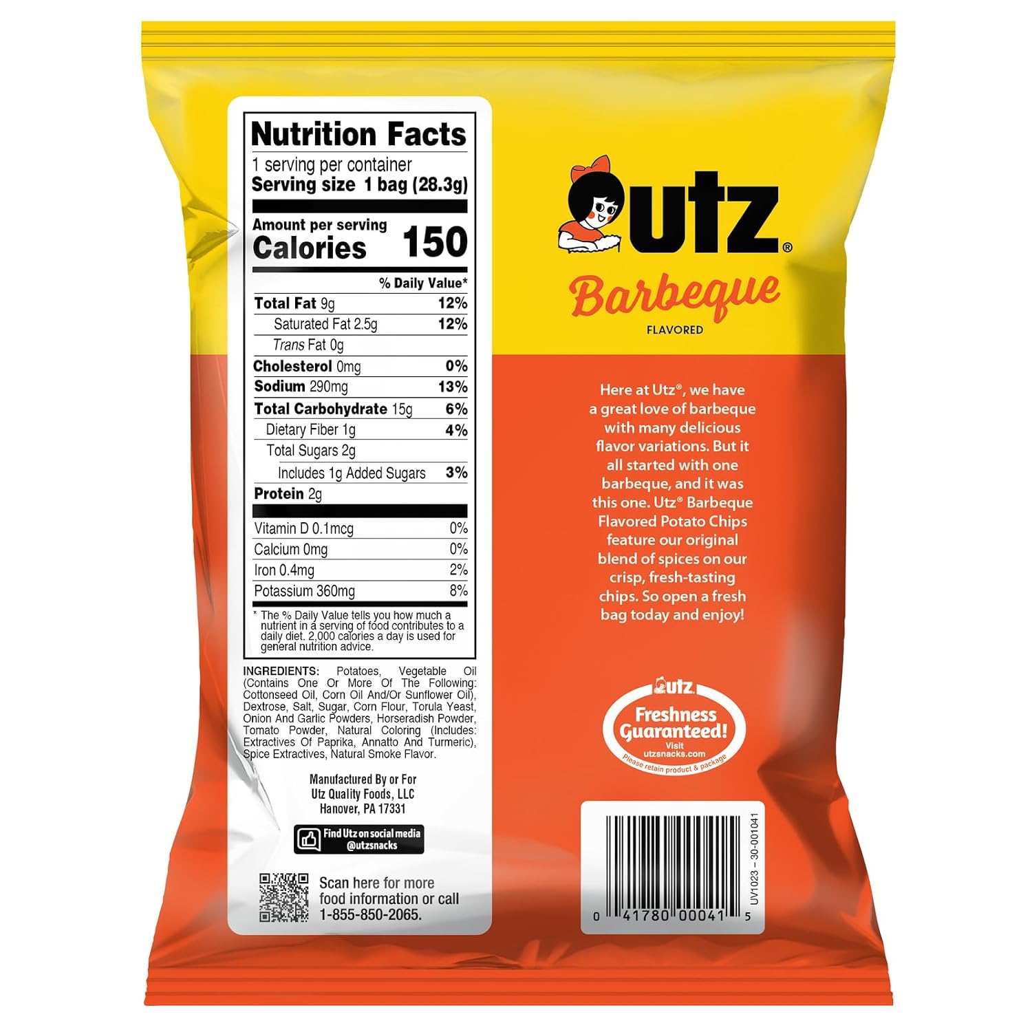 Utz Potato Chips, Barbeque – 1 oz. Bags (60 Count) – Crispy Potato Chips Made from Fresh Potatoes, Crunchy Individual Snacks to Go, Cholesterol Free, Trans-Fat Free, Gluten Free Snacks