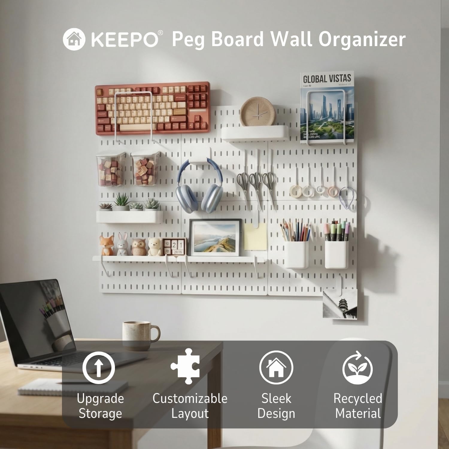 Keepo Peg Board Wall Organizer – Plastic Pegboard Panels, Modular Peg Board Storage System For Home Office, Craft Room, Gaming Setup (White