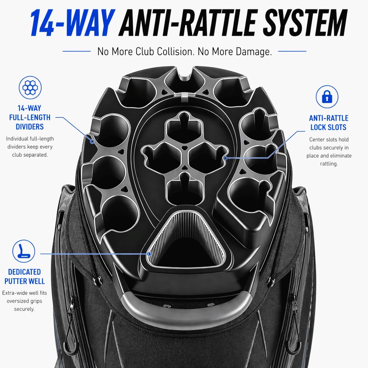 14-Way Golf Cart Bag, Professional Organizer Cart Bag with Anti-Rattle Top