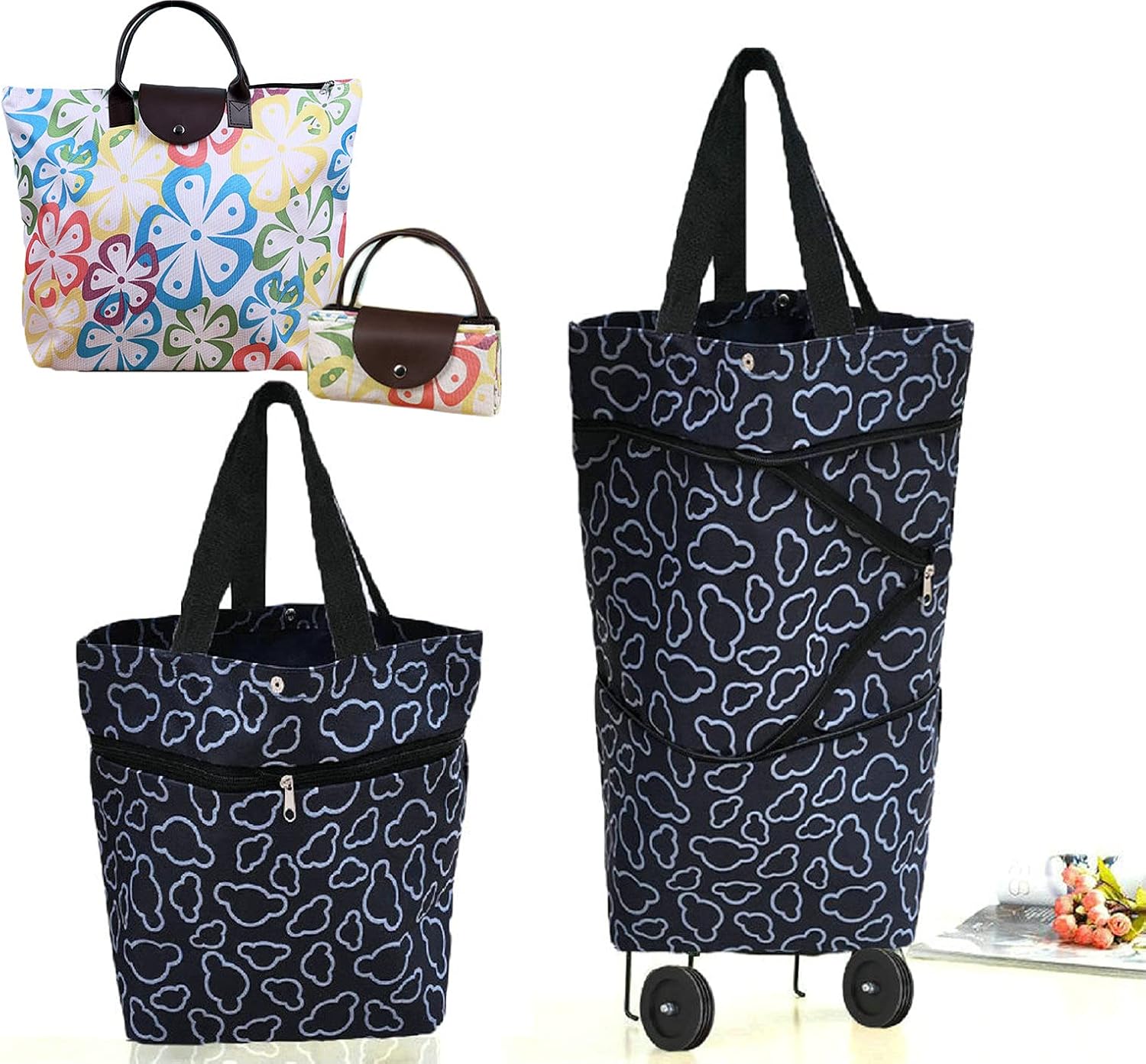 Collapsible Shopping Bag with Wheels Portable Shopping Cart with 360° Swivel Wheels Rolling Tote Bag Reusable Grocery Bag Trolley Bag on Wheels for Travel Shopping and Daily Use(Blue)