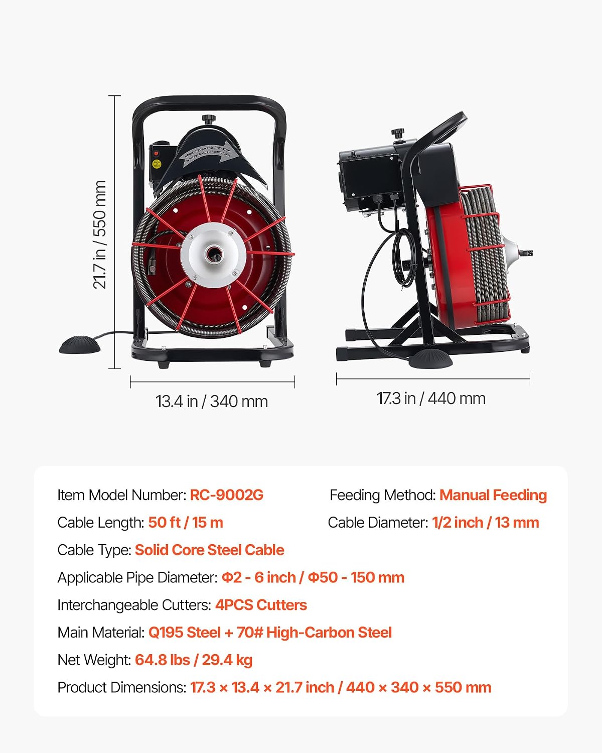 VEVOR Drain Cleaner Machine 75 FT x 3/8 Inch, Sewer Snake Auger Manual Feed with 4 Cutters & Air-activated Foot Switch for 2" to 4" Pipes