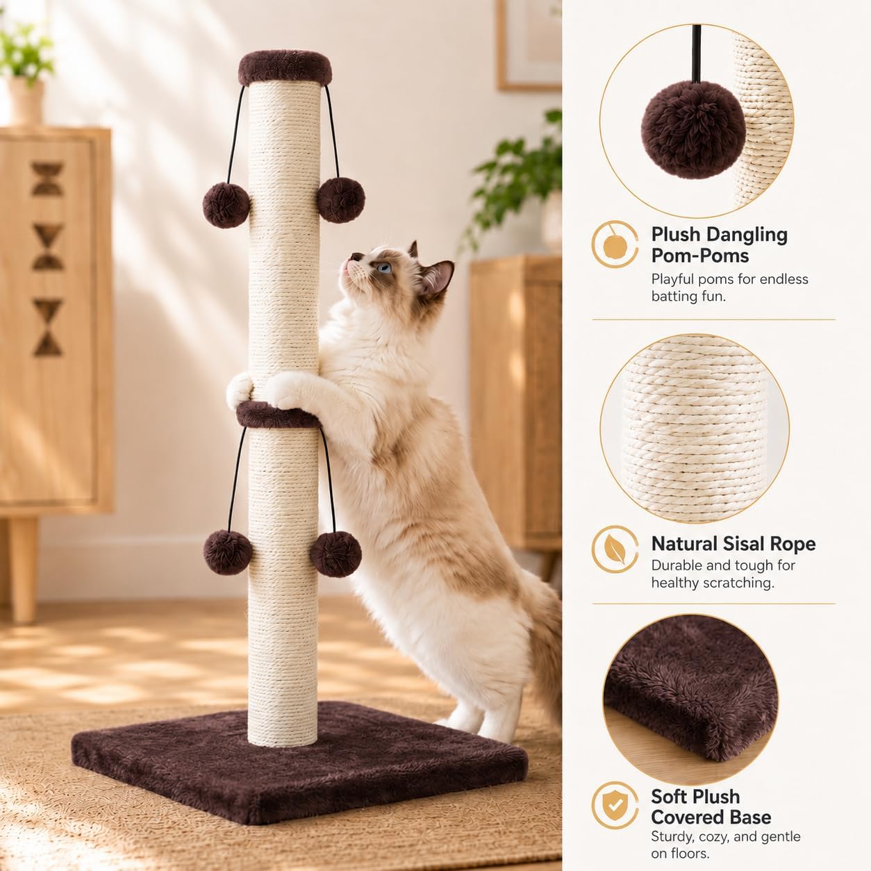 Dimaka 29'' Cat Scratching Post, Natural Sisal Rope Scratcher Post, Kitten Claw Scratch with 4 DanglingToy Balls for Large Cats (Grey)