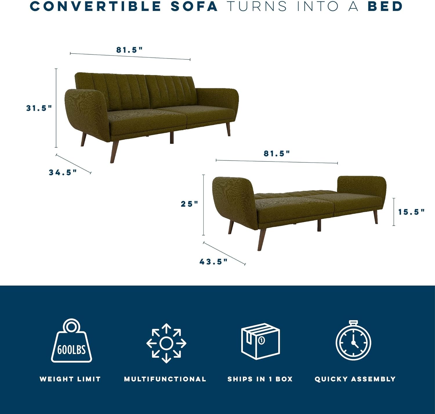 Novogratz Brittany Futon Sofa Bed and Couch Sleeper, Camel Faux Leather