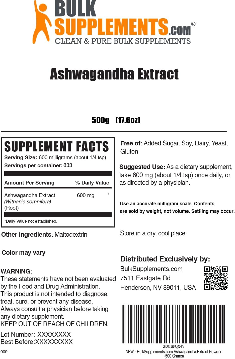 BulkSupplements.com Ashwagandha Root Extract Powder - Ashwagandha Supplement, Herbal Supplement - Vegan & Gluten Free, 600mg per Serving, 1kg (2.2 lbs) (Pack of 1)