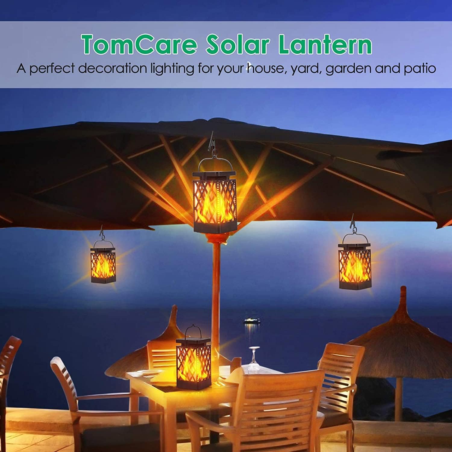 TomCare Solar Lanterns Outdoor, Flickering Flame Hanging Lights, 2 Pack