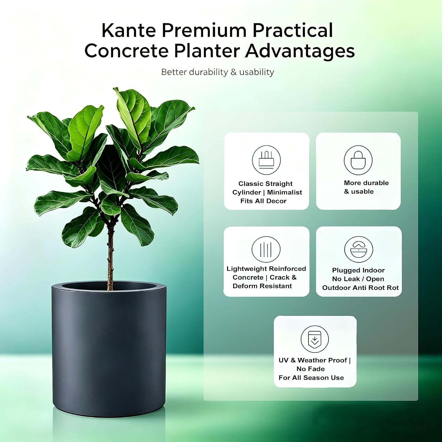 Kante Large Round Cylinder Charcoal Concrete Planter 15.8" Tall, Outdoor