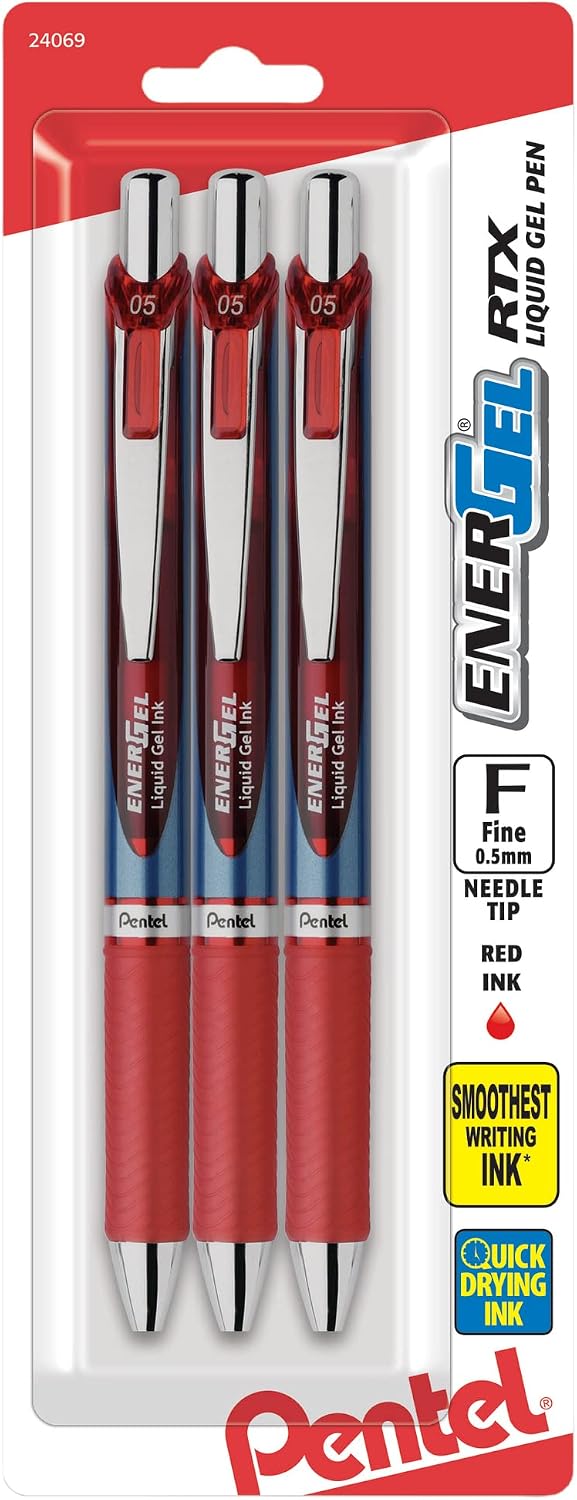 Pentel EnerGel RTX Retractable Liquid Gel Pen, (0.5mm), Fine Line, Needle Tip, Black Ink, Pack of 3 (BLN75BP3A)